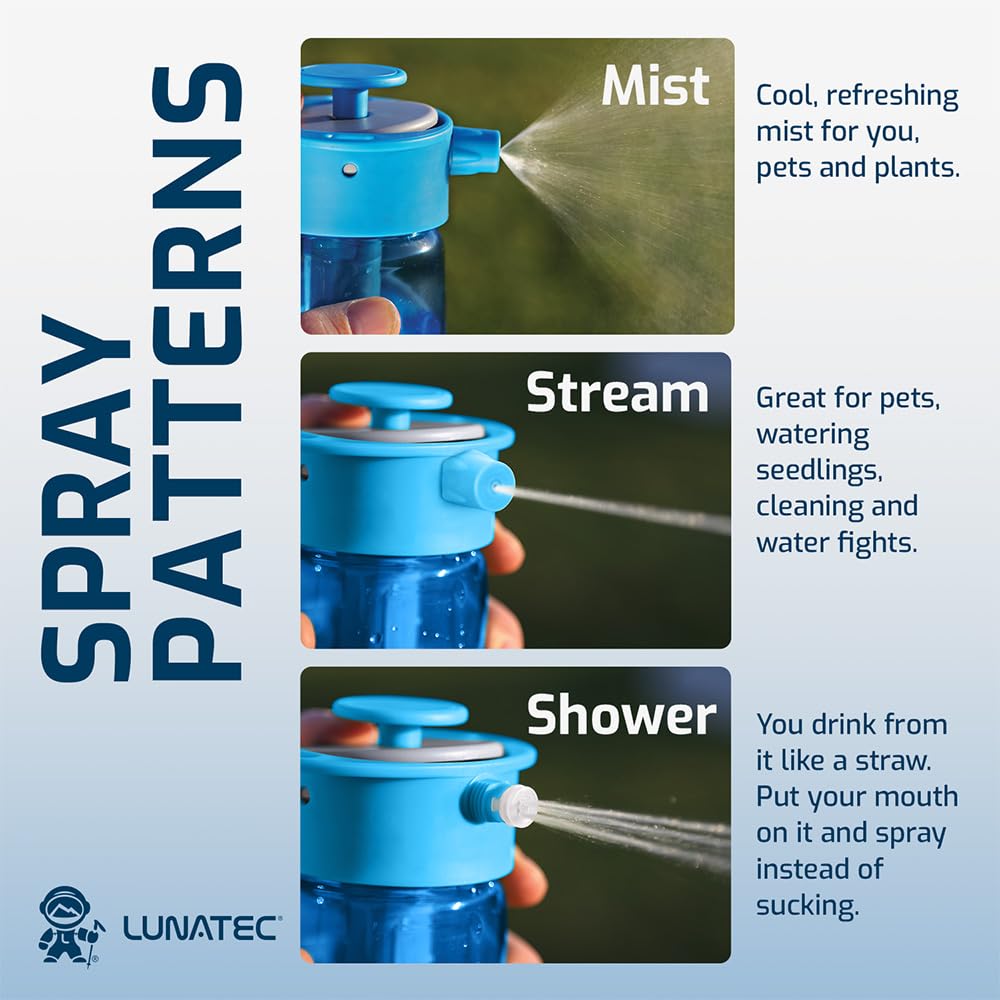 Lunatec Hydration Spray Water Bottle is a pressurized personal mister  camp shower and sport water bottle in one easy-to-use BPA free bottle.