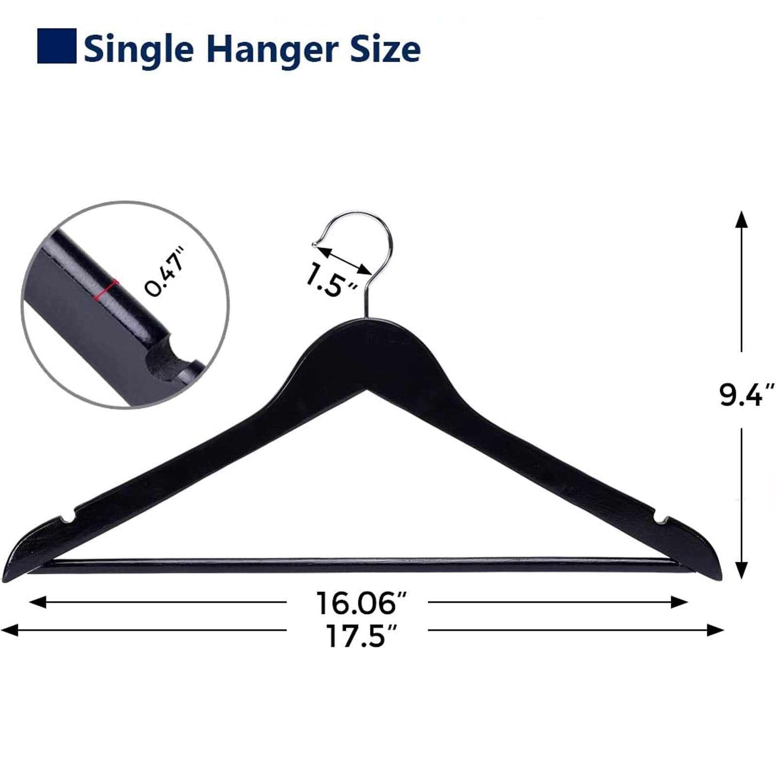 JS HANGER Wooden Coat Hangers  20 Pack High Grade Wood Suit Hangers with Non Slip Pant Bar - Extra Smooth and Splinter Free Black Finish