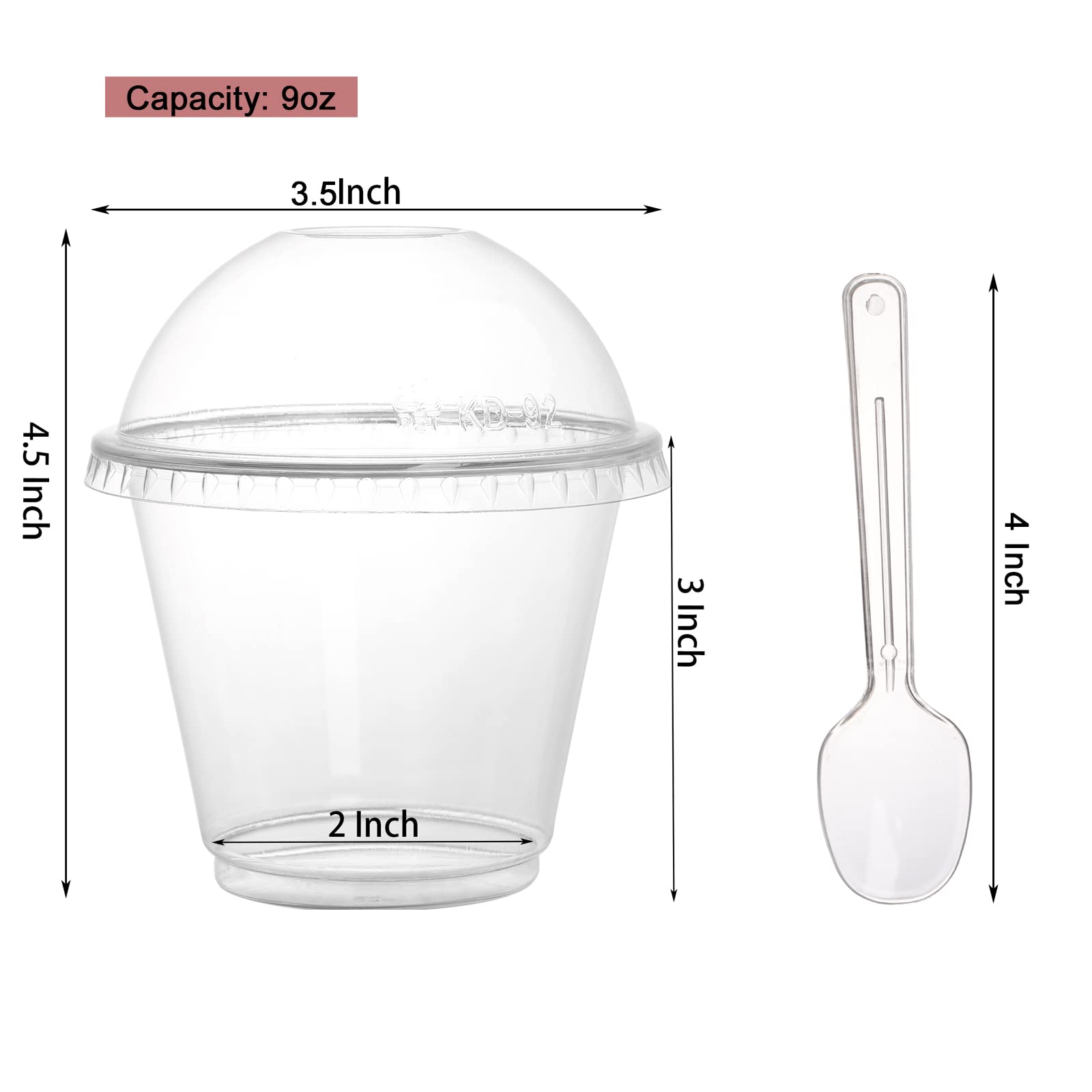 Coloch 100 Pack 9 Oz Clear Plastic Dessert Cup With Dome Lid And Spoon, Disposable Pet Crystal Parfait Cup Take-Out Liquid Conta