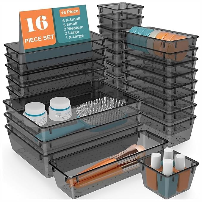 Livingbasics Plastic 16 Pcs Unbreakable Drawer Organizer/Drawers Organisers/Make Up Organiser/Drawer Divider Tray/Makeup Dresser