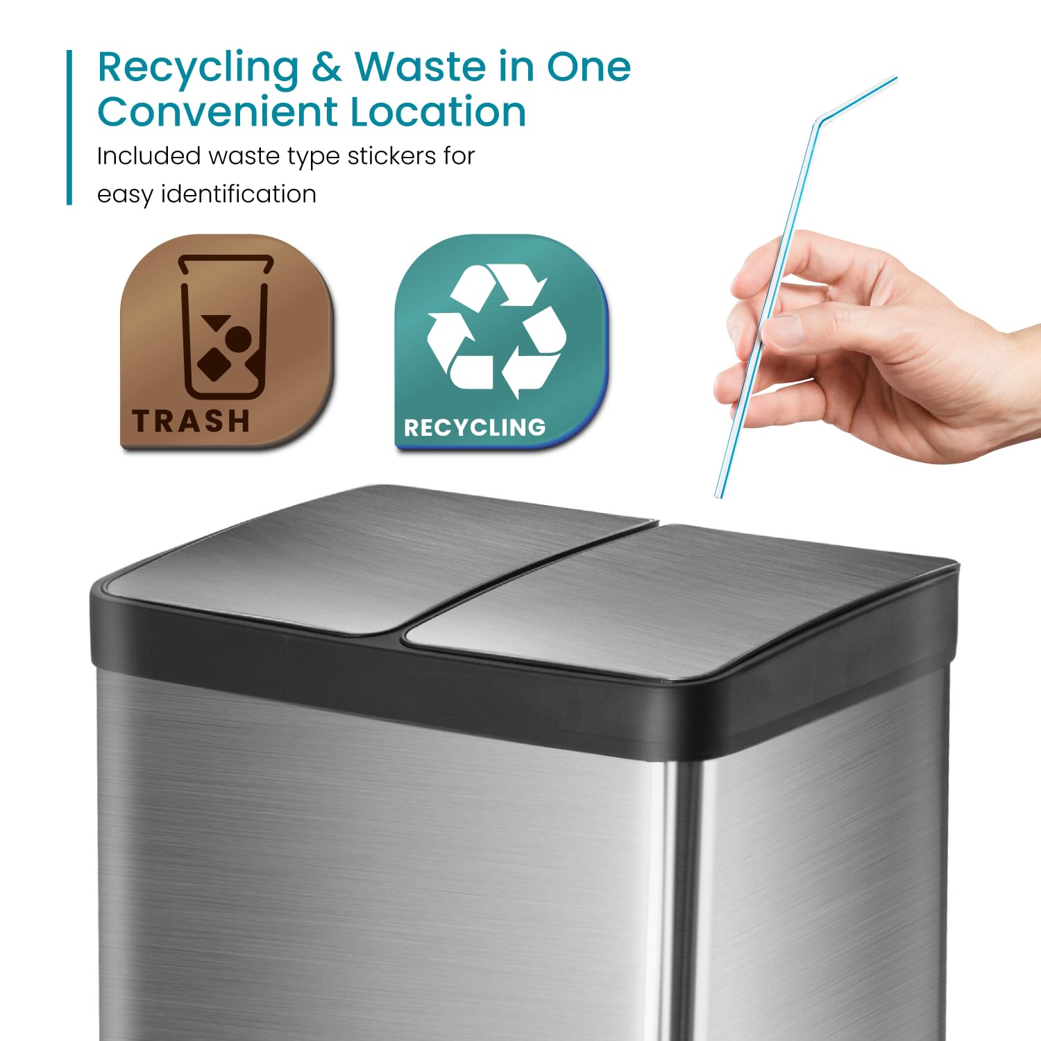 Home Zone Living 15.8 Gallon Kitchen Trash Can, Dual Removable Liners For Recycling And Trash, Wide Stainless Steel Shape (7.9 +