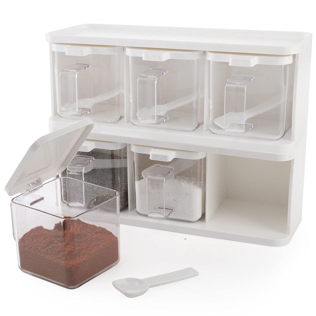 Hedume 2 Pack 3 Grids Clear Seasoning Box with Handle and Spoon, Seasoning Storage Container Rack Combo Set with Removable Cruet