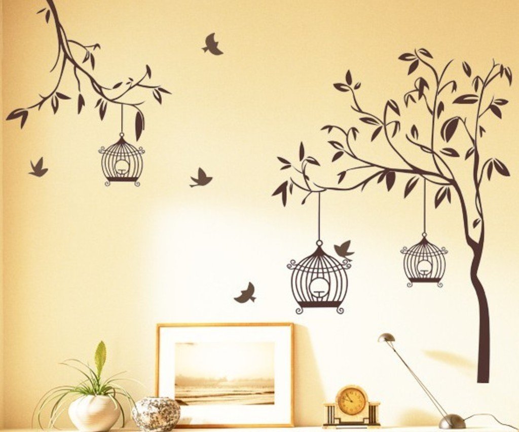 Decals Design Stickerskart Wall Stickers Tree With Birds And Cages (Wall Covering Area: 140X110Cm,Product Dimensions: 50X70Cm)