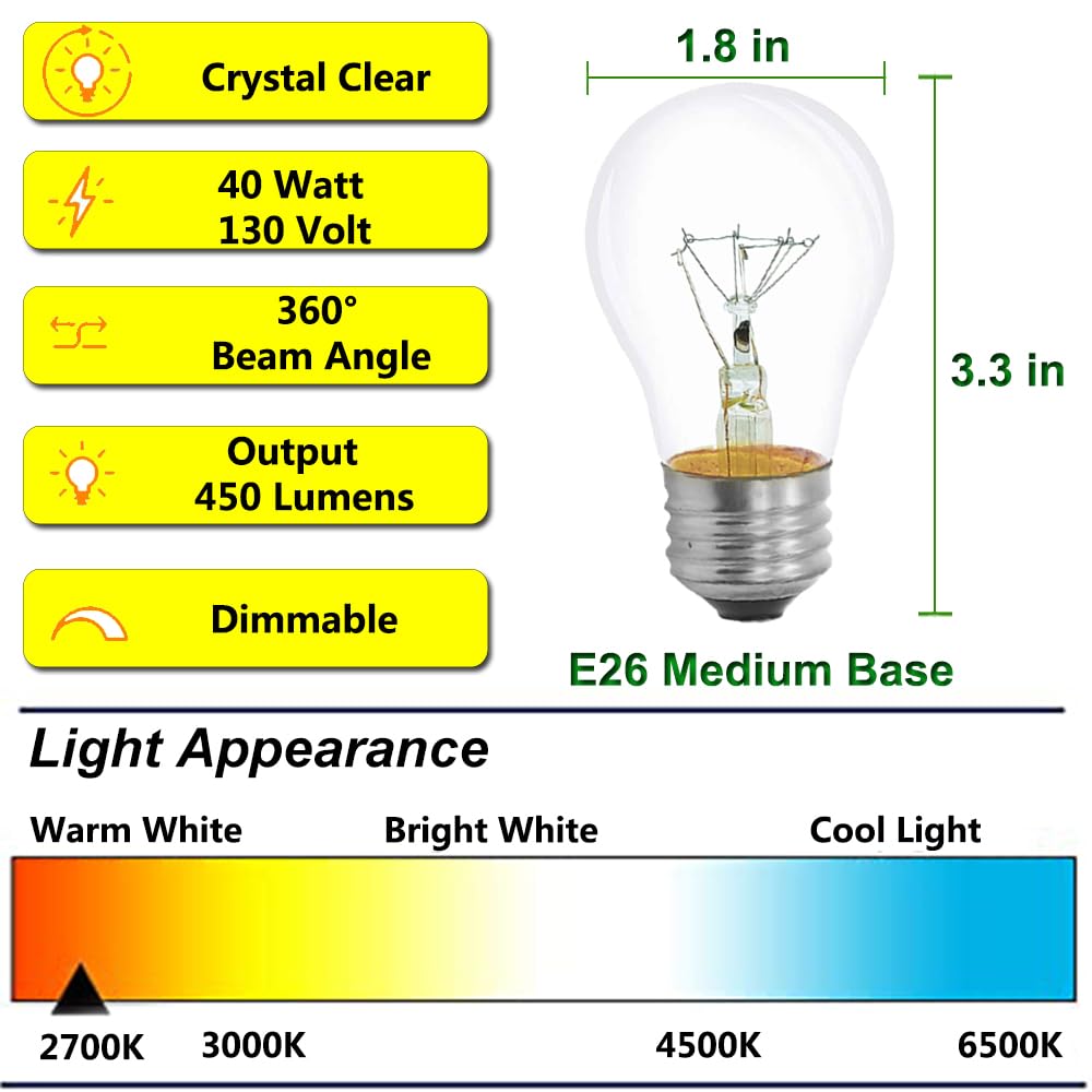 Appliance Oven Light Bulb A15 40W High Temperature 300 Degree Resistant For Microwave Oven 16-Inch Lava Lamp Range Hood Refriger