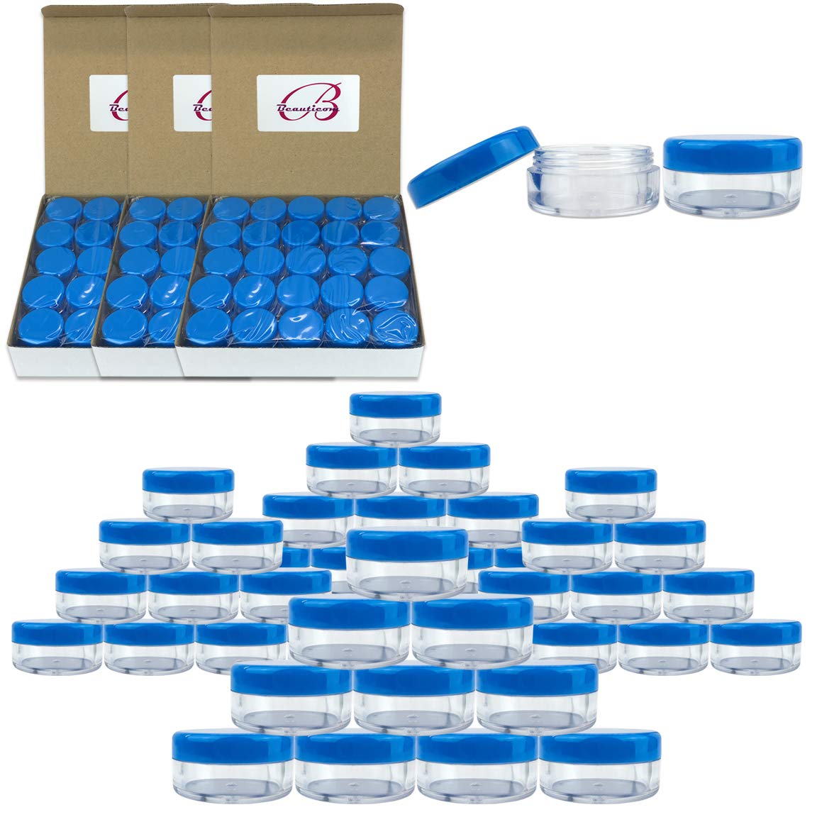 Beauticom (Quantity: 200 Pieces) 5G/5Ml Round Clear Jars With Blue Lids For Scrubs, Oils, Toner, Salves, Creams, Lotions, Makeup