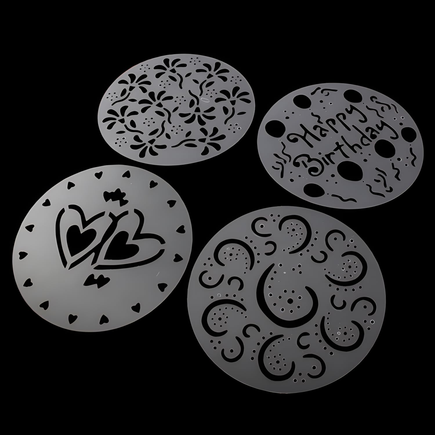 Yofan 4-Piece Variety Cake Stencil Template,Birthday Heart Flower Spirals Decorating Mold Tool
