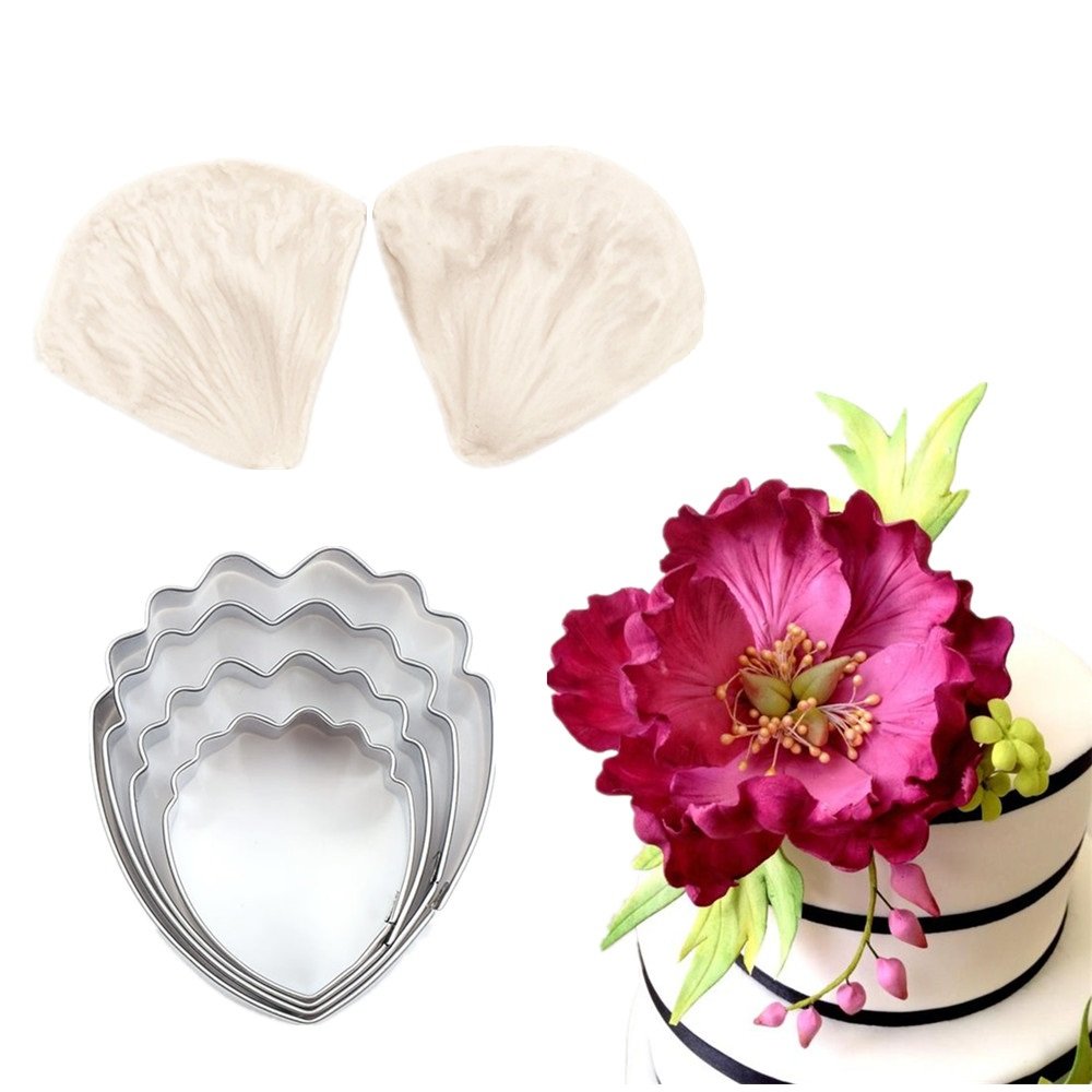 4Pcs Gumpaste Flower Cutter Set 2Pcs Fondant Silicone Mold Gumpaste Peony Sugarcraft Fondant Flower Veining Mold Chocolate Makin