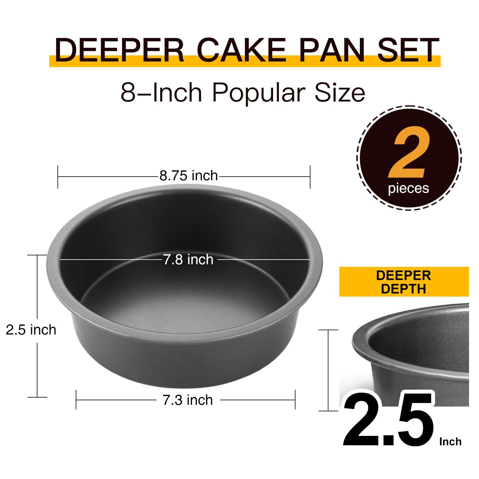 Hongbake 8 Inch Round Cake Pan Set For Baking With 100 Pieces Parchment Paper, Nonstick Deeper Circle Cake Pans With Wider Grips