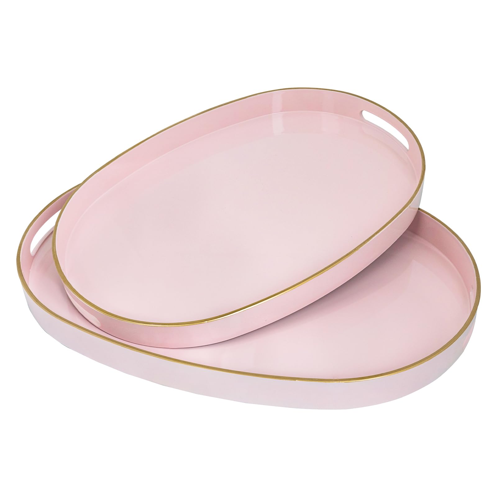 MAONAME Pink Serving Trays with Handles, Oval Decorative Trays for Coffee Table, Nesting Tray Set of 2, Plastic Vanity Tray for 