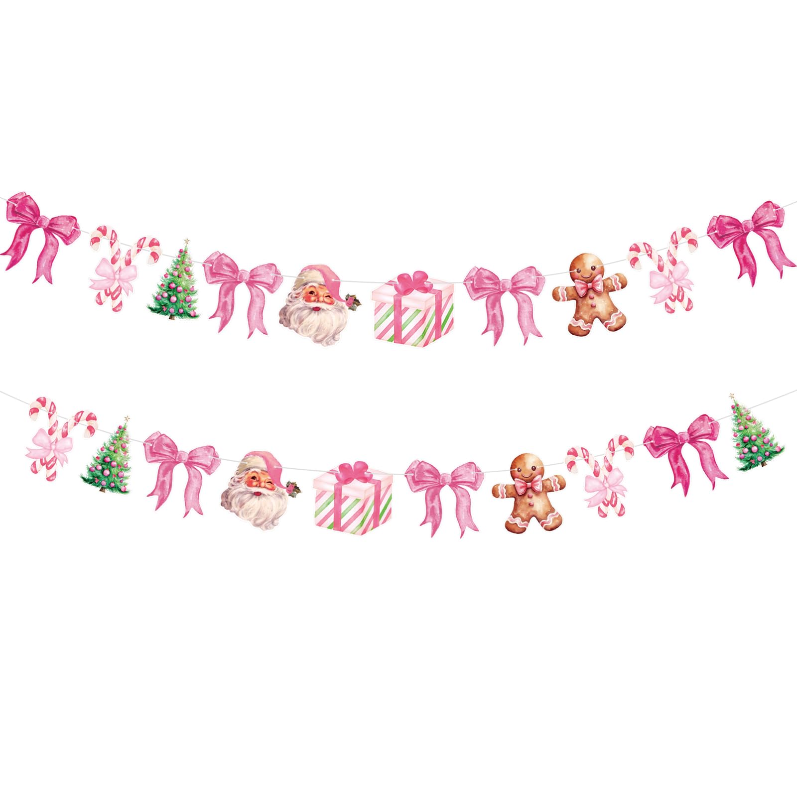 Oudain 2 Pack Pink Christmas Paper Garland 6.56 ft Christmas Tree Santa Gingerbread Man Candy Cane Pink Bow Hanging Bunting Bann