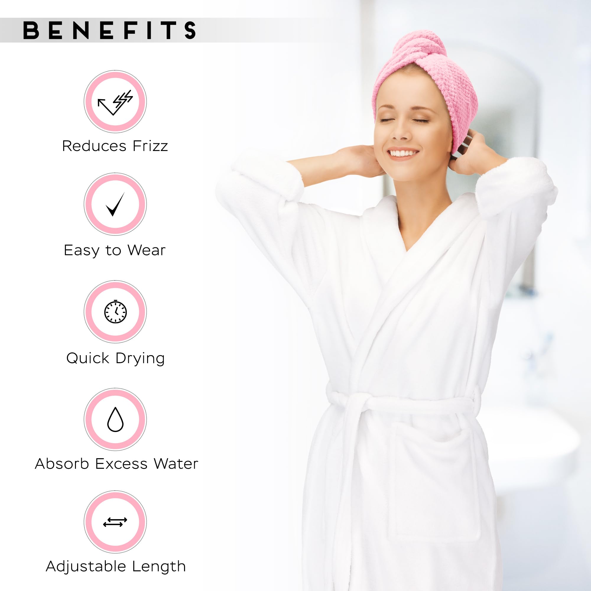 Microfiber Hair Towel for All Hair Style, 2 Pack Quick Drying Hair Turban - Perfect for Women, Men and Kids (Pink)