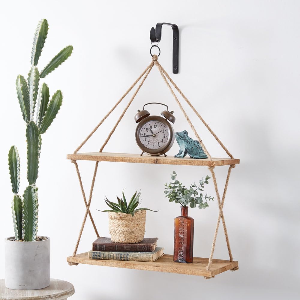Two-Tiered Boho Hanging Shelf With Hook