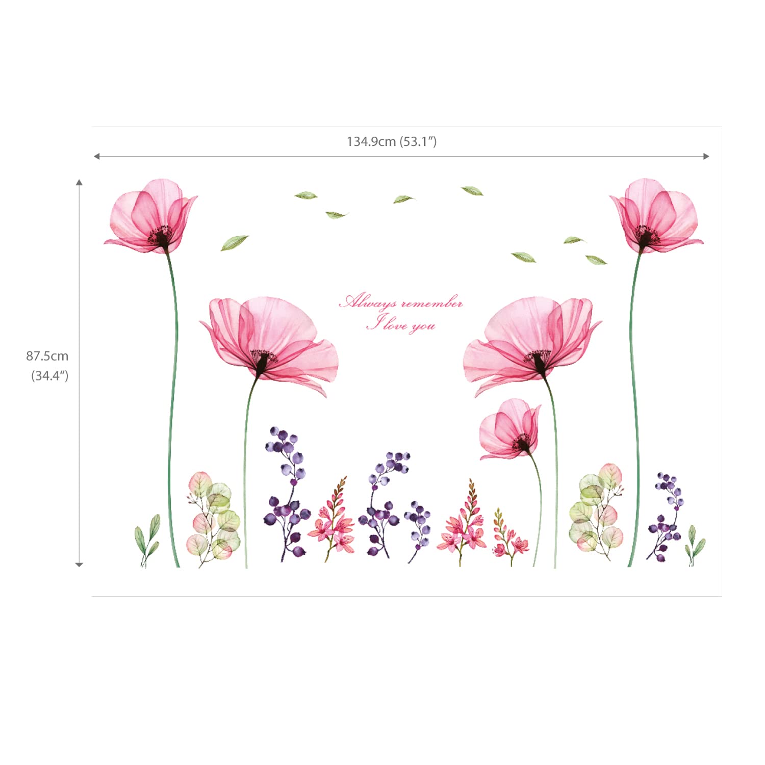 BASHOM SG2-106 X-ray Pink Flowers Wall Decals Stickers Floral Vintage Wild Living Room murals Peel and Stick Girls Bedroom Removable Nursery