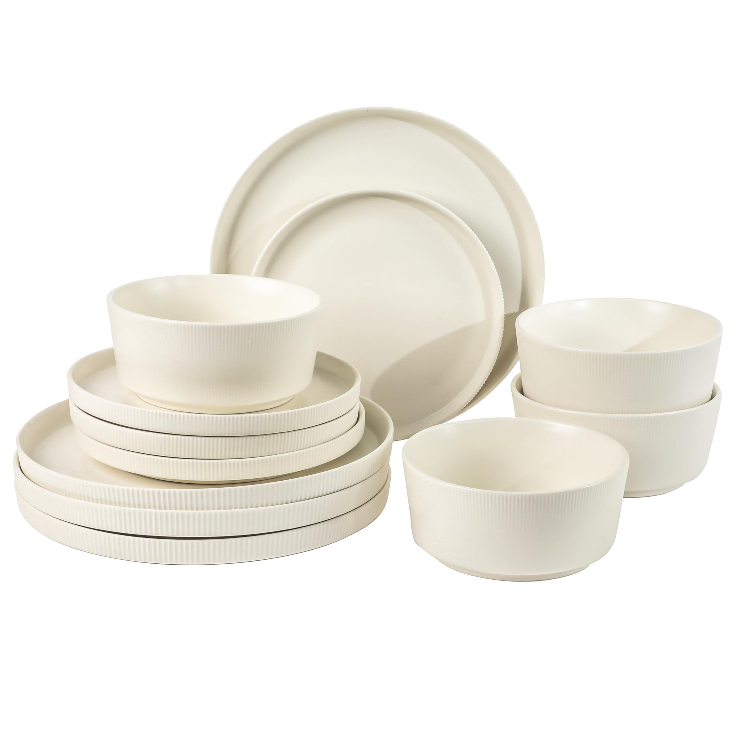 Gibson Home Dempsey Road 12-Piece Stoneware Dinnerware Set - Service for 4, Round White Plates and Bowls, Durable Solid Color Mo