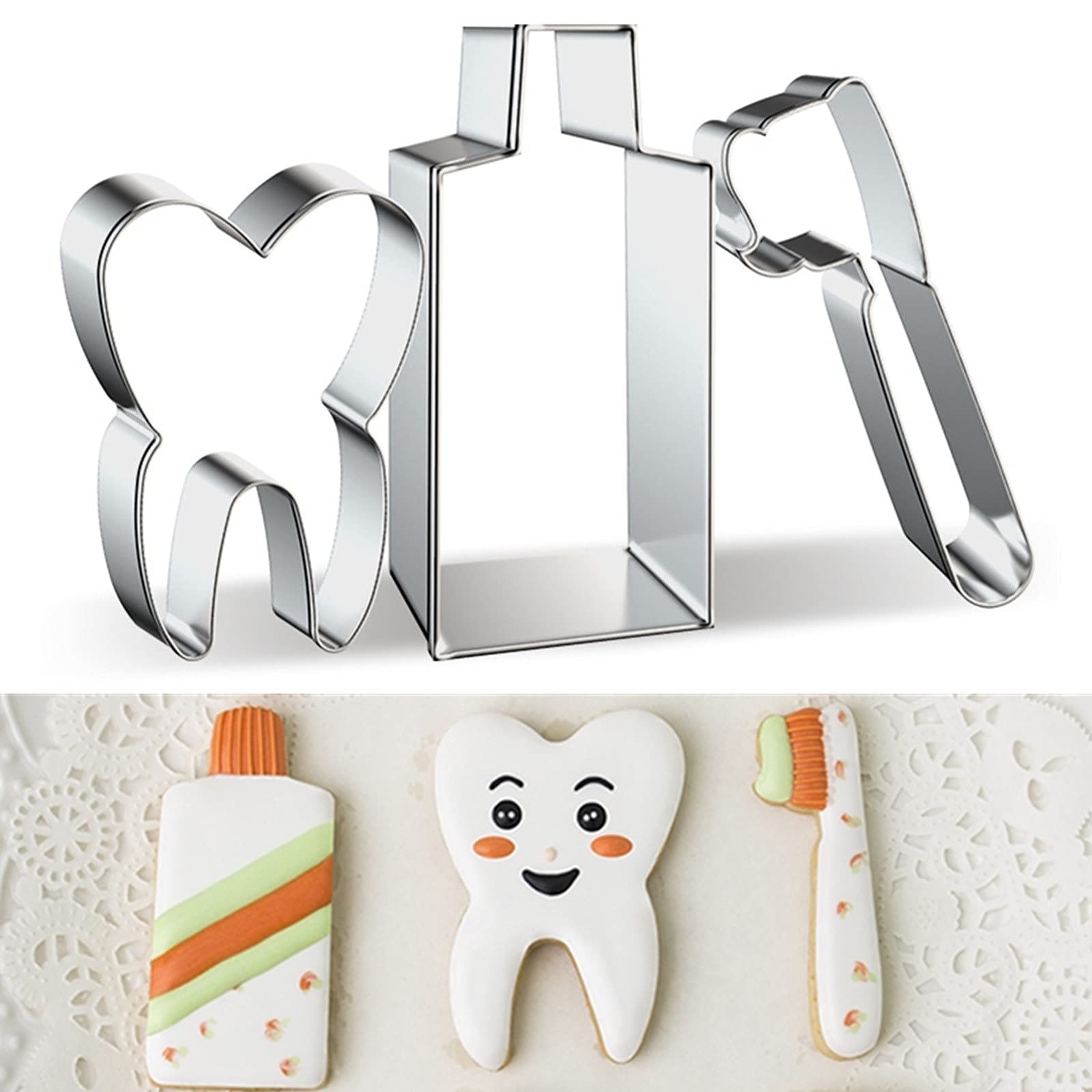 Mini Tooth Series Cookie Cutters Set Of 3 Pcs, Stainless Steel Fondant Cutter Molds Baking Diy (Toothpaste+Toothbrush+Tooth)