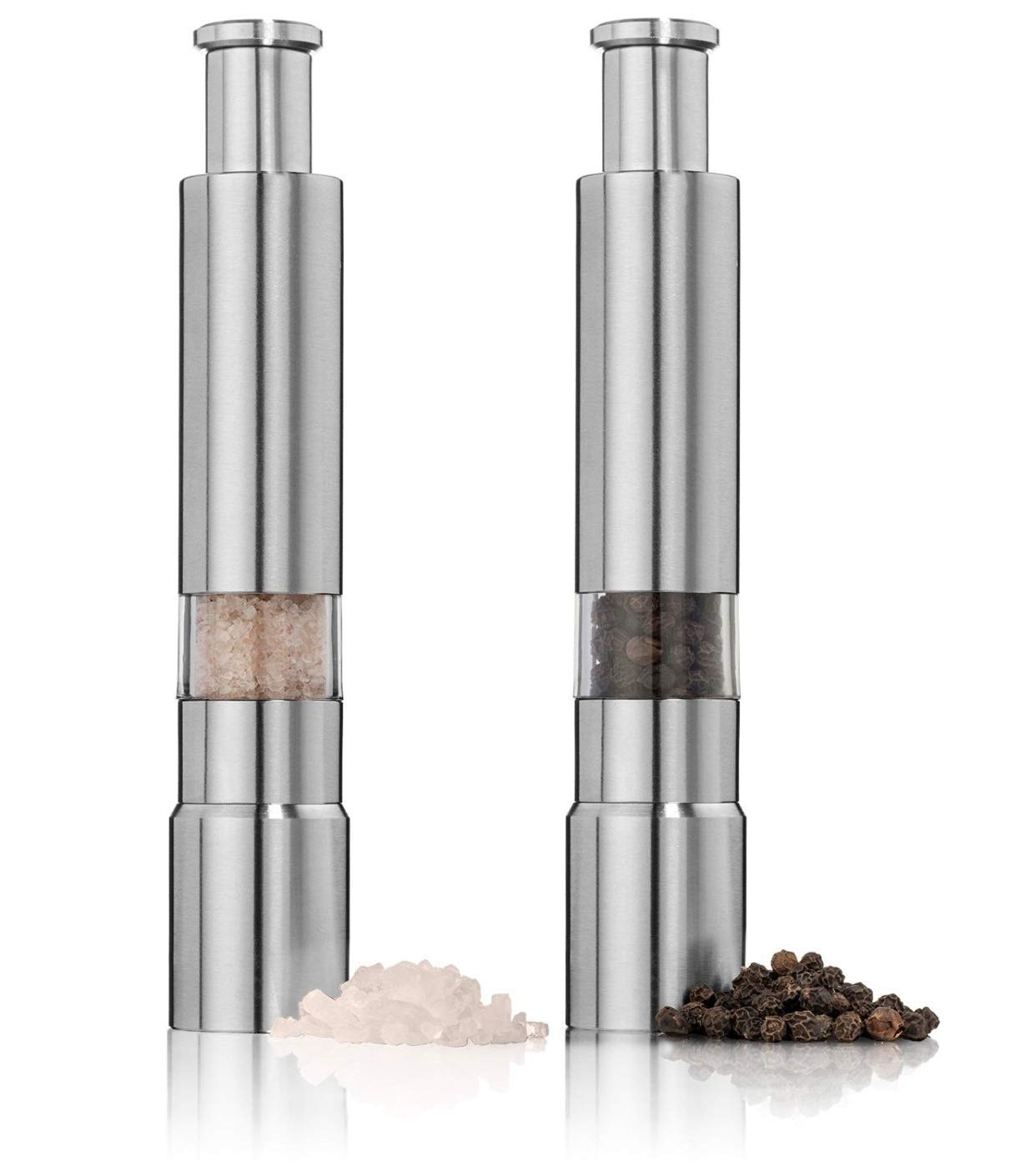 Salt And Pepper Grinder Set Of 2,Stainless Steel Push Button Grinder Modern Design Thumb Grinder, For Black Pepper, Sea Salt And