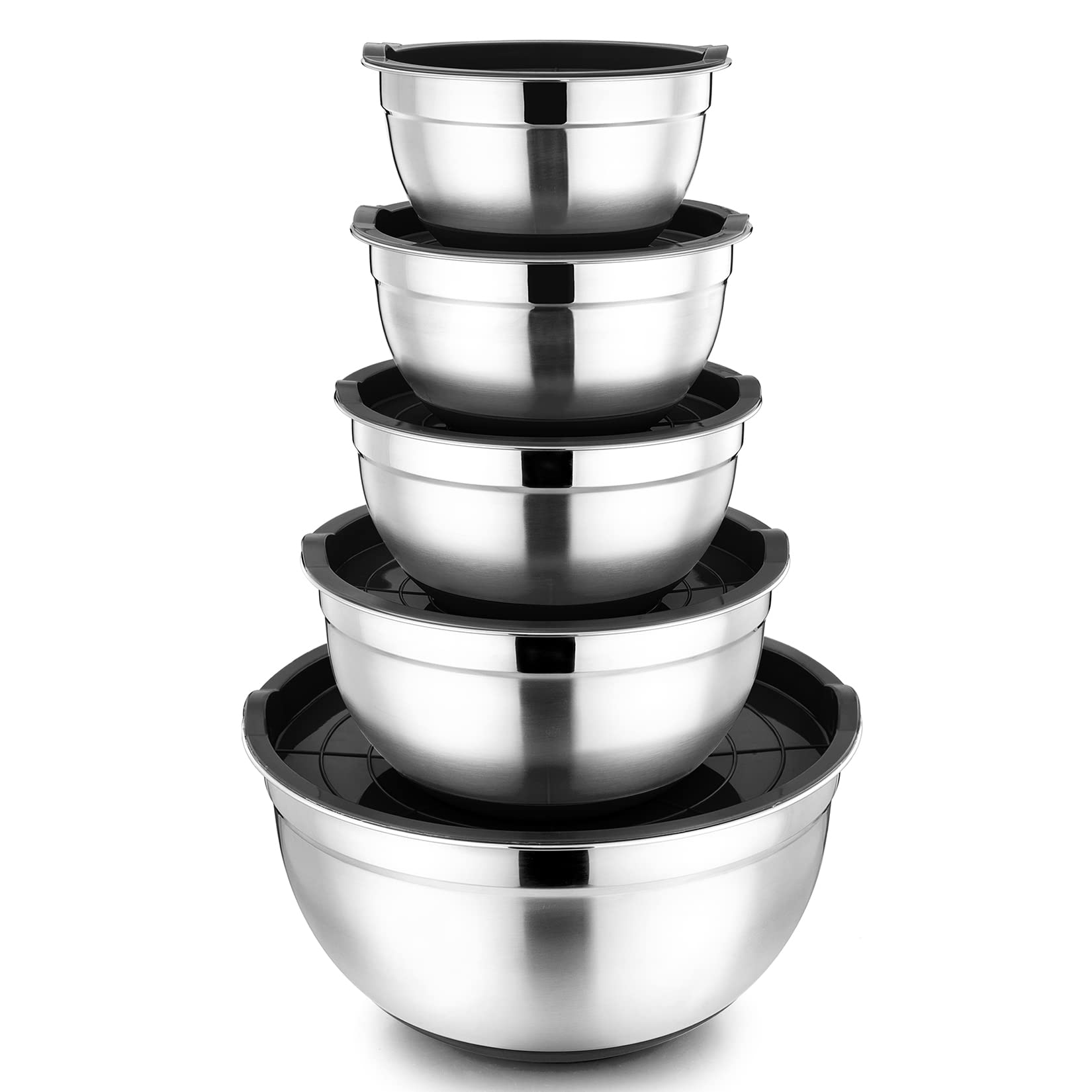 P&P Chef Black Mixing Bowls With Lids Set Of 5 Stainless Steel Black Nesting Bowl With Plastic Lid, Non-Slip Silicone Base & 5 S