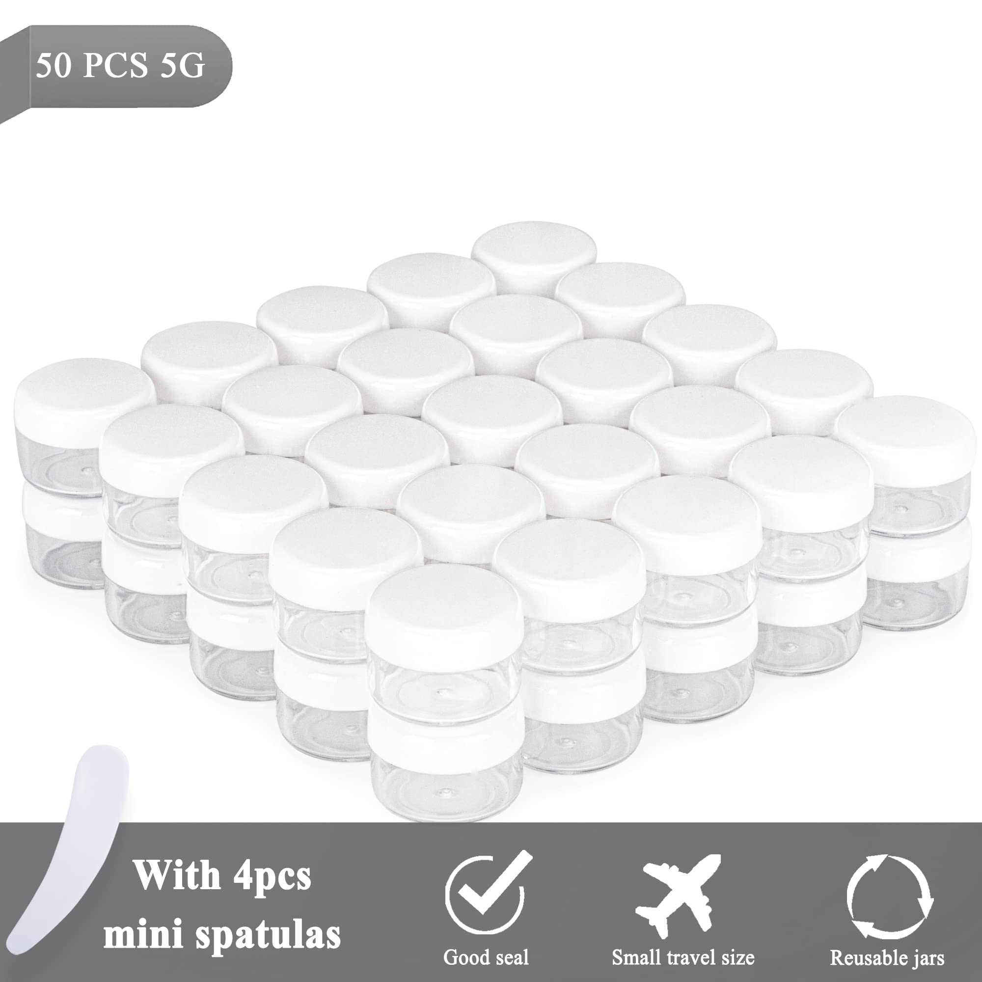 50Pcs 5 Gram Sample Containers, 5Ml Empty Jars With Lids, Small Cosmetic Containers, Mini Sample Jars With 4Pcs Mini Spatulas Fo