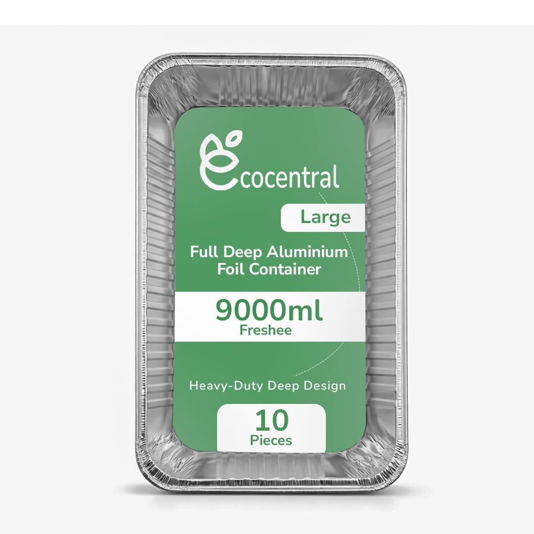 EcoCentral Full Size Aluminum Foil Pans, 10 Pieces  Heavy Duty Deep Disposable Roasting Pans, Rectangular Baking Trays for Cate