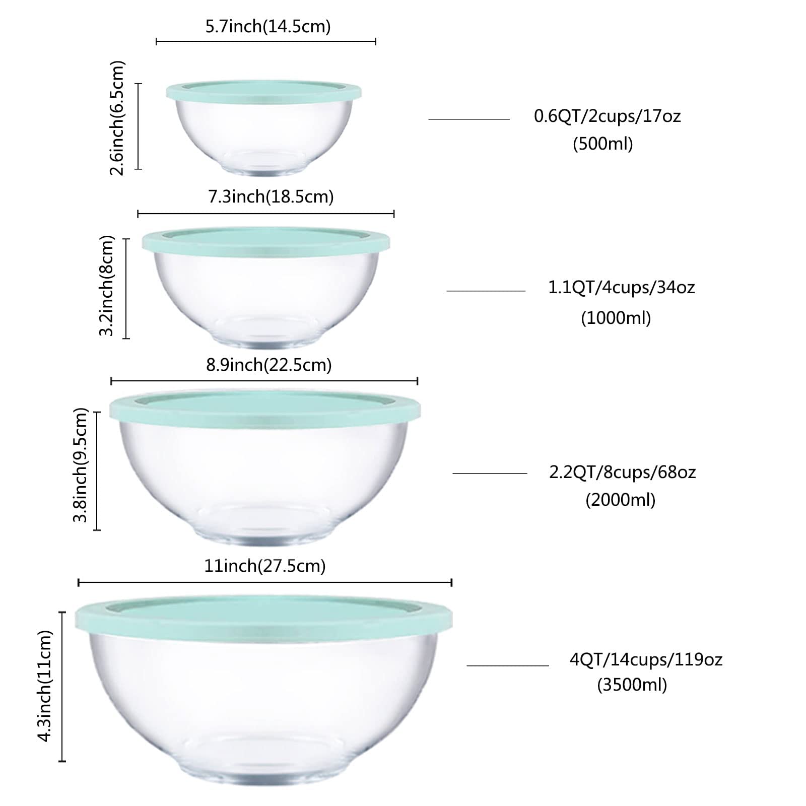 Homwin Glass Mixing Bowls with Lids Set, 8 Pieces Glass Salad Bowl Set with Lids(0.6QT,1.1QT,2.2QT,4QT) High Brosilicate Microwa