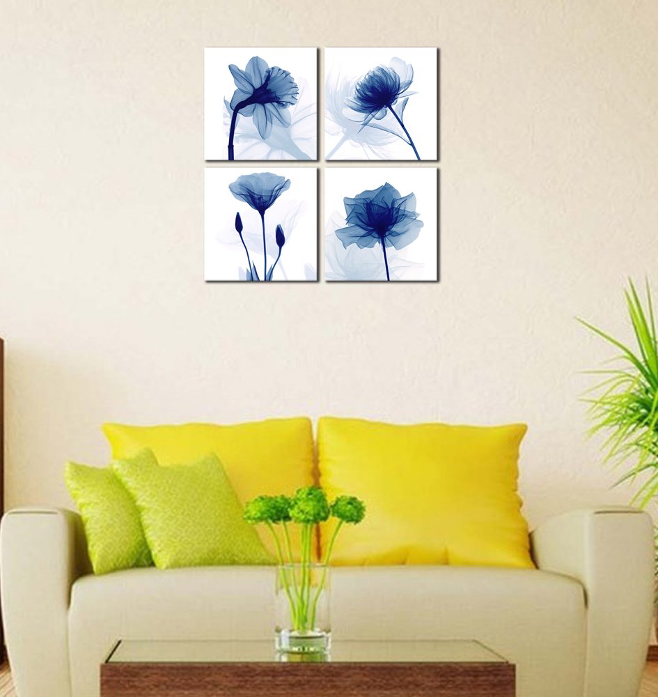 Pyradecor Large Blue Flickering Flower Modern Abstract Paintings Canvas Wall Art Gallery Wrapped Grace Floral Pictures On Canvas