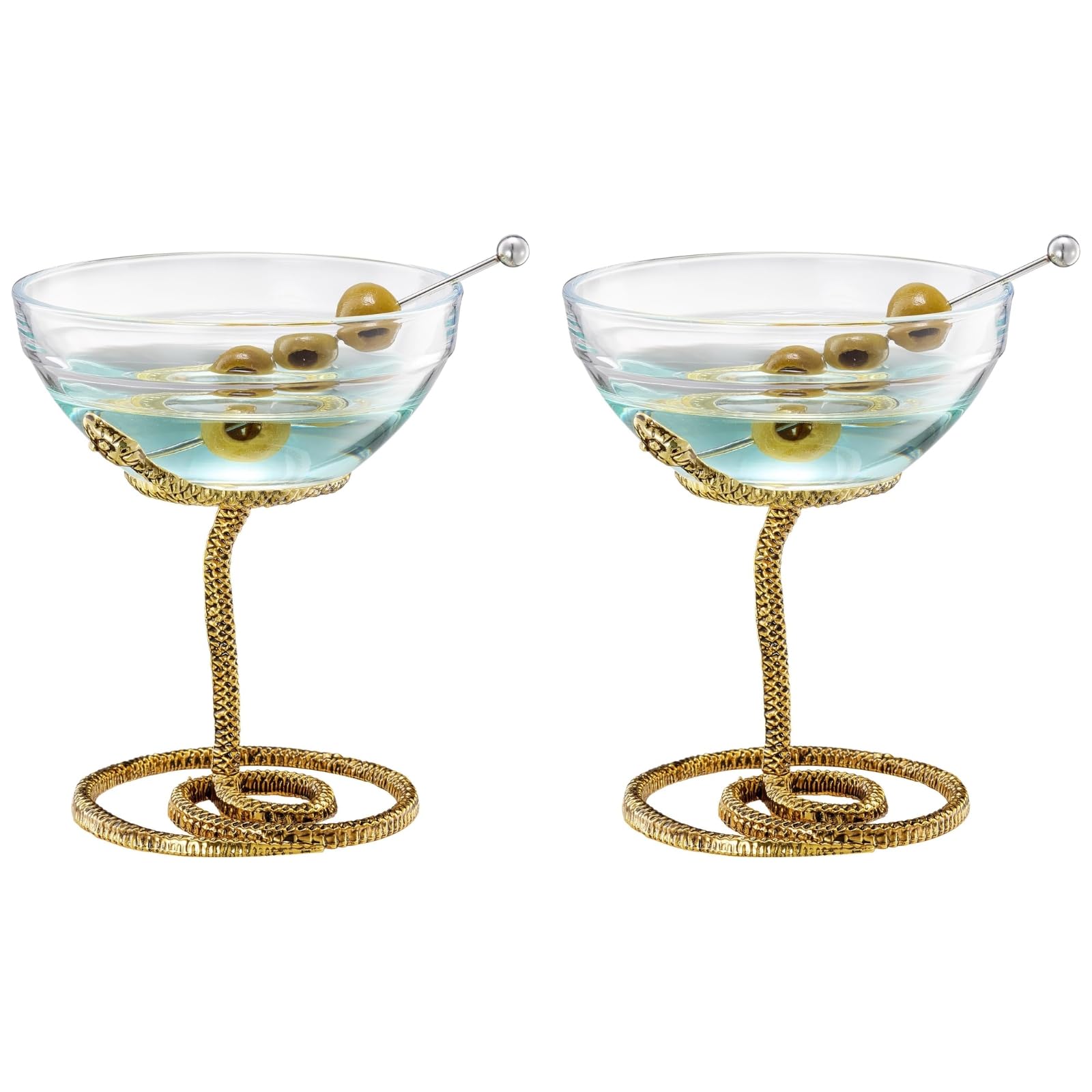 Snake Serpent Cocktail Glasses - 2 Set Gold Design Unique Reptile Inspired Barware
