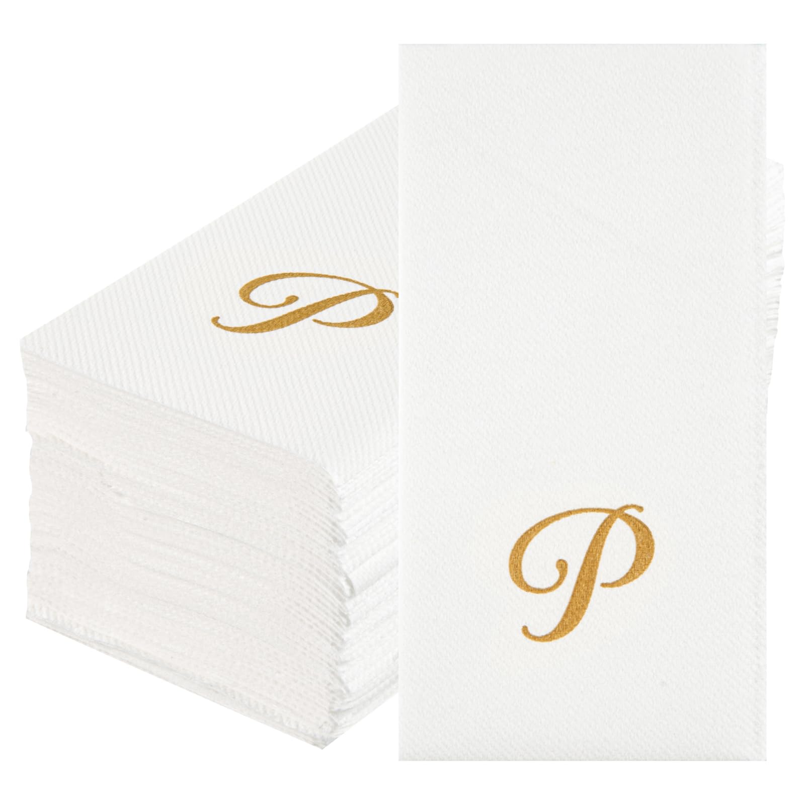 Luxenap 15.8 X 7.9 Inch Linen-Feel Guest Towels, 50 Lettered Hand Towels - Gold Letter 'P', Cursive Font, White Paper Dinner Nap