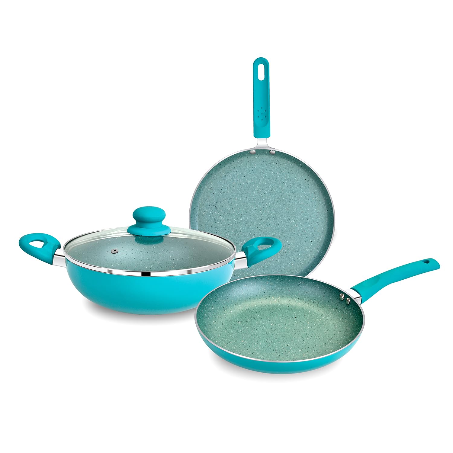Bergner Aluminium Jazz Non Stick Cookware Set 4PcKadhai With Glass Lid 24Cm, Dosa Tawa 28Cm, Frypan 24Cm With Induction Compati