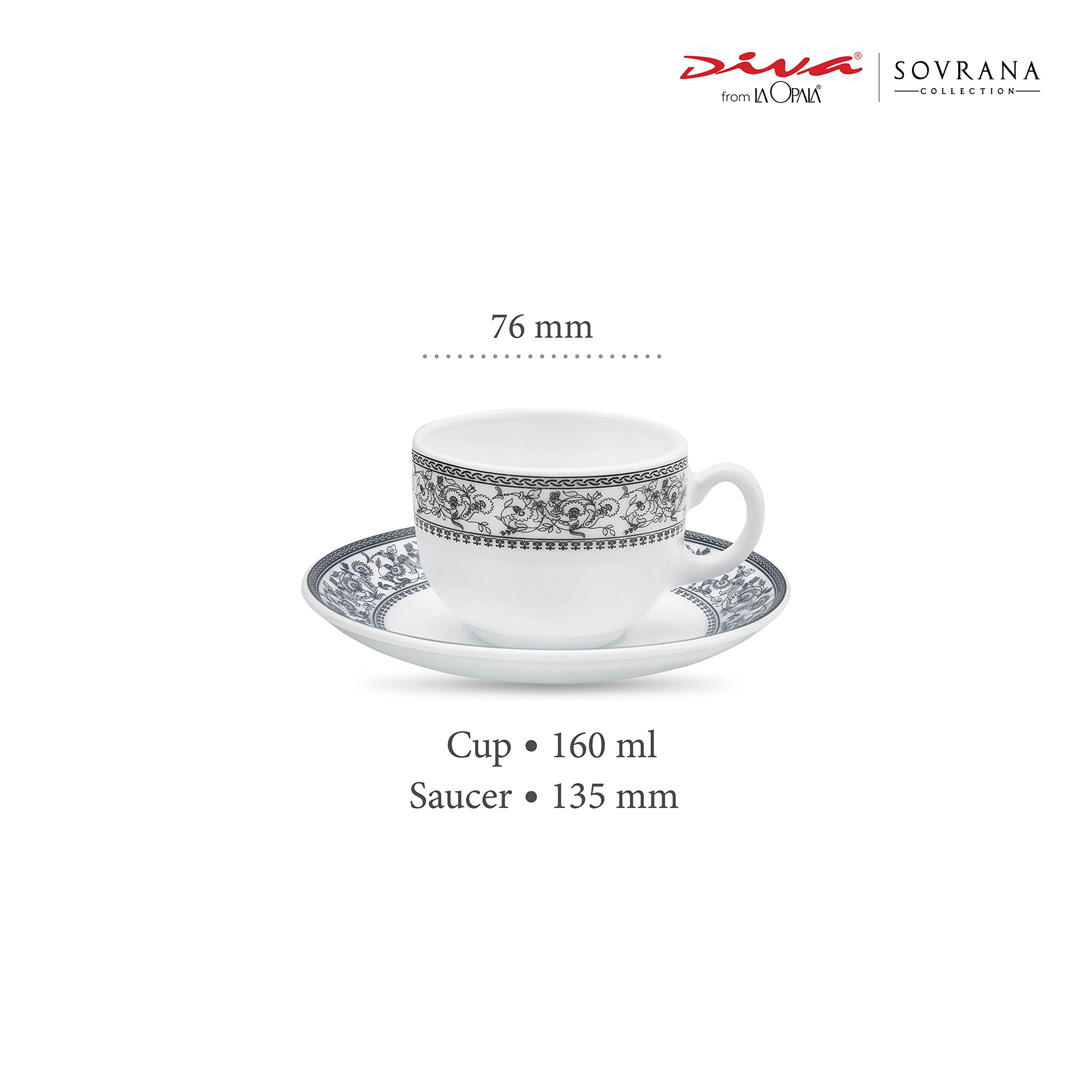 Laopala Diva, Sovrana Collection, Opal Glass Cup & Saucer Set 12 Pcs, Persian Grey, White