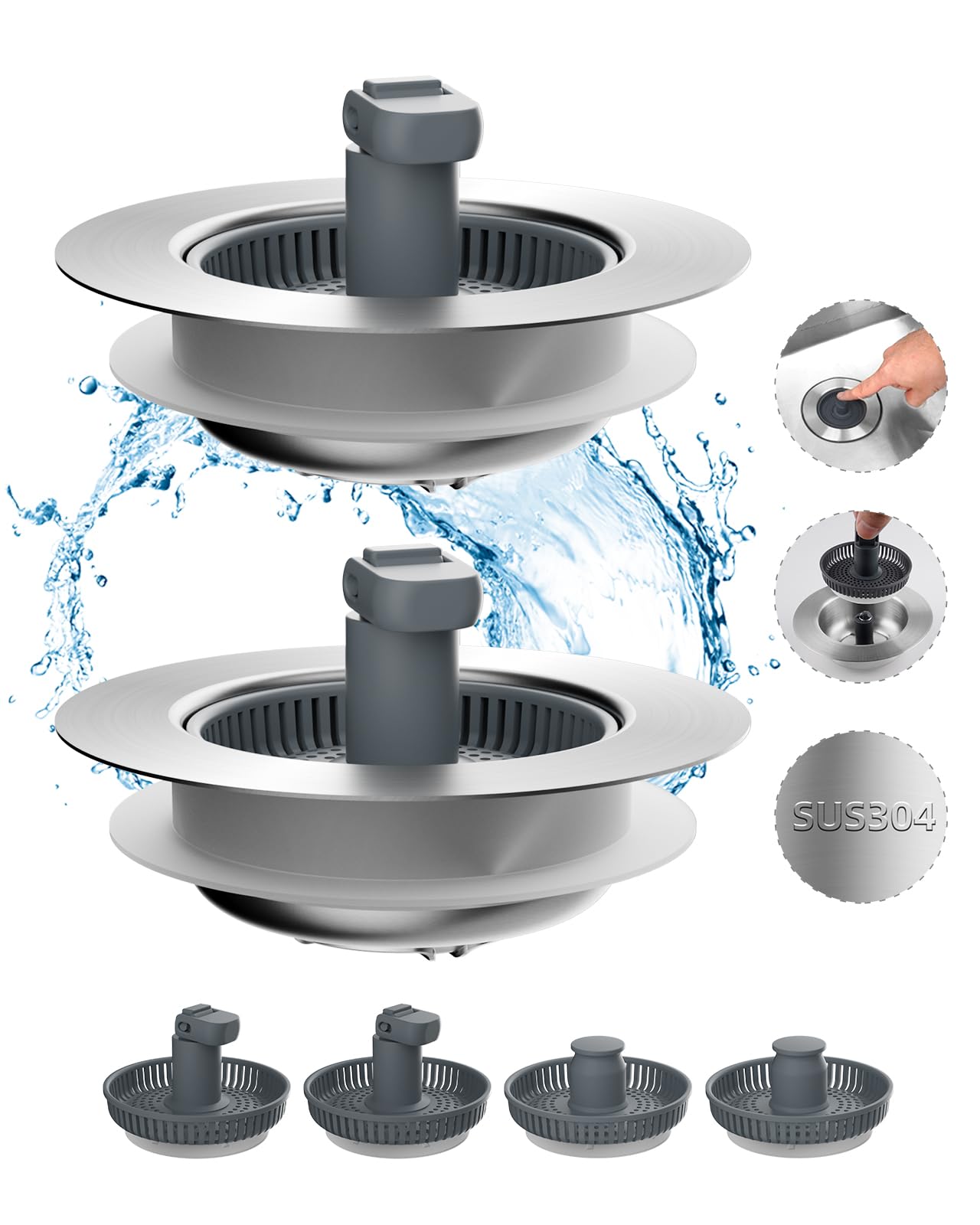 Hibbent 2 Pack 3 In 1 Kitchen Sink Drain Strainer And Stopper Combo, Stainless Steel Metal Pop Up Sink Stopper With Foldable Han