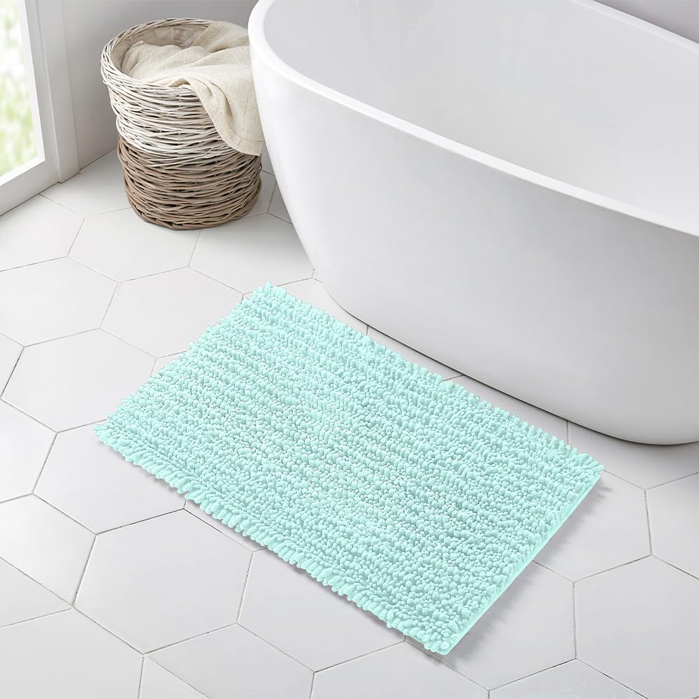 Walensee Bathroom Rug Non Slip Bath Mat (24x17 Inch Spa Blue) Water Absorbent Super Soft Shaggy Chenille Machine Washable Dry Extra Thick Perfect Absorbant Best Small Plush Carpet for Shower Floor