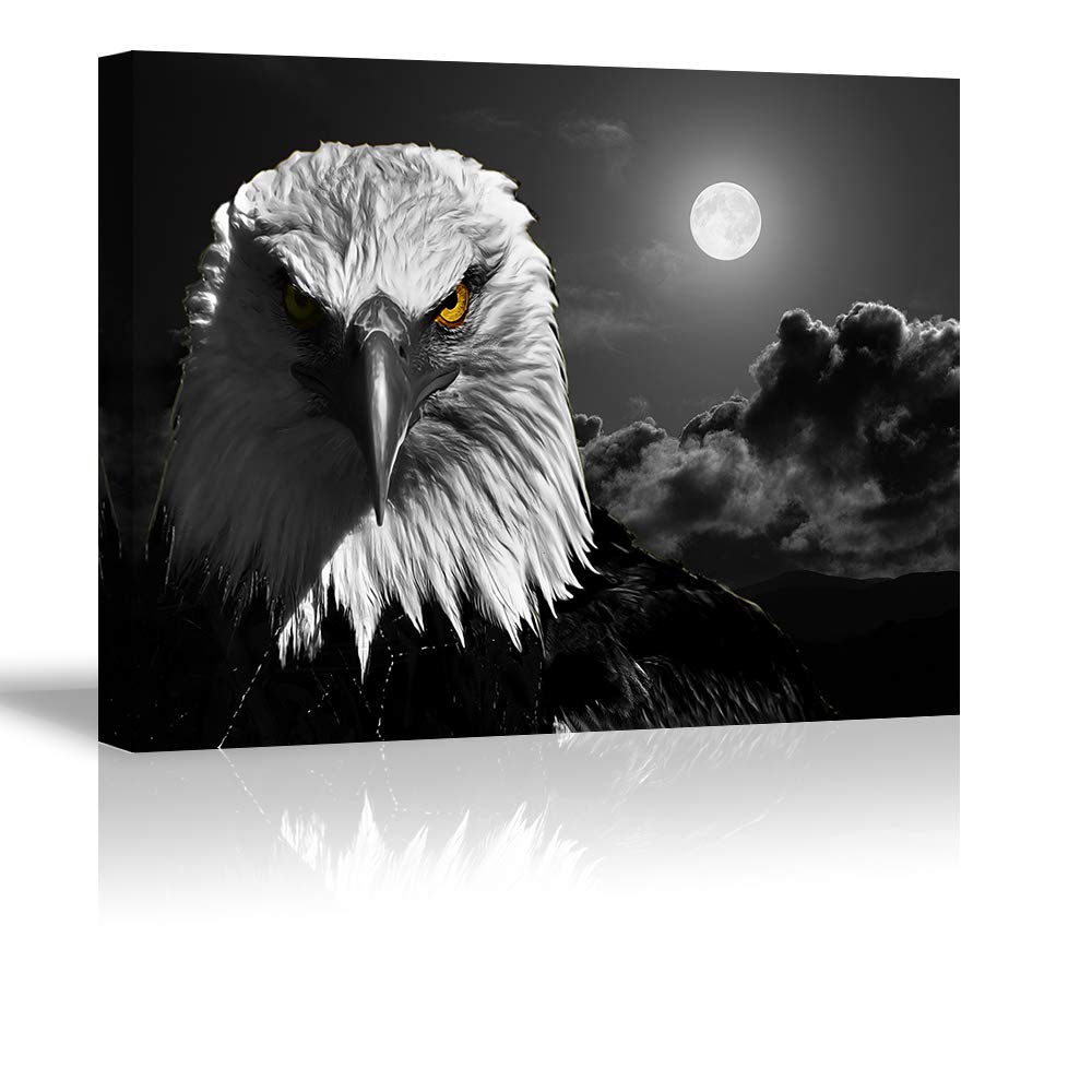 Cool Eagle Wall Art Decor For Bedroom, Piy Fierce Bald Eagle Under Moon Night Picture, Awesome Black And White Canvas Prints Dec