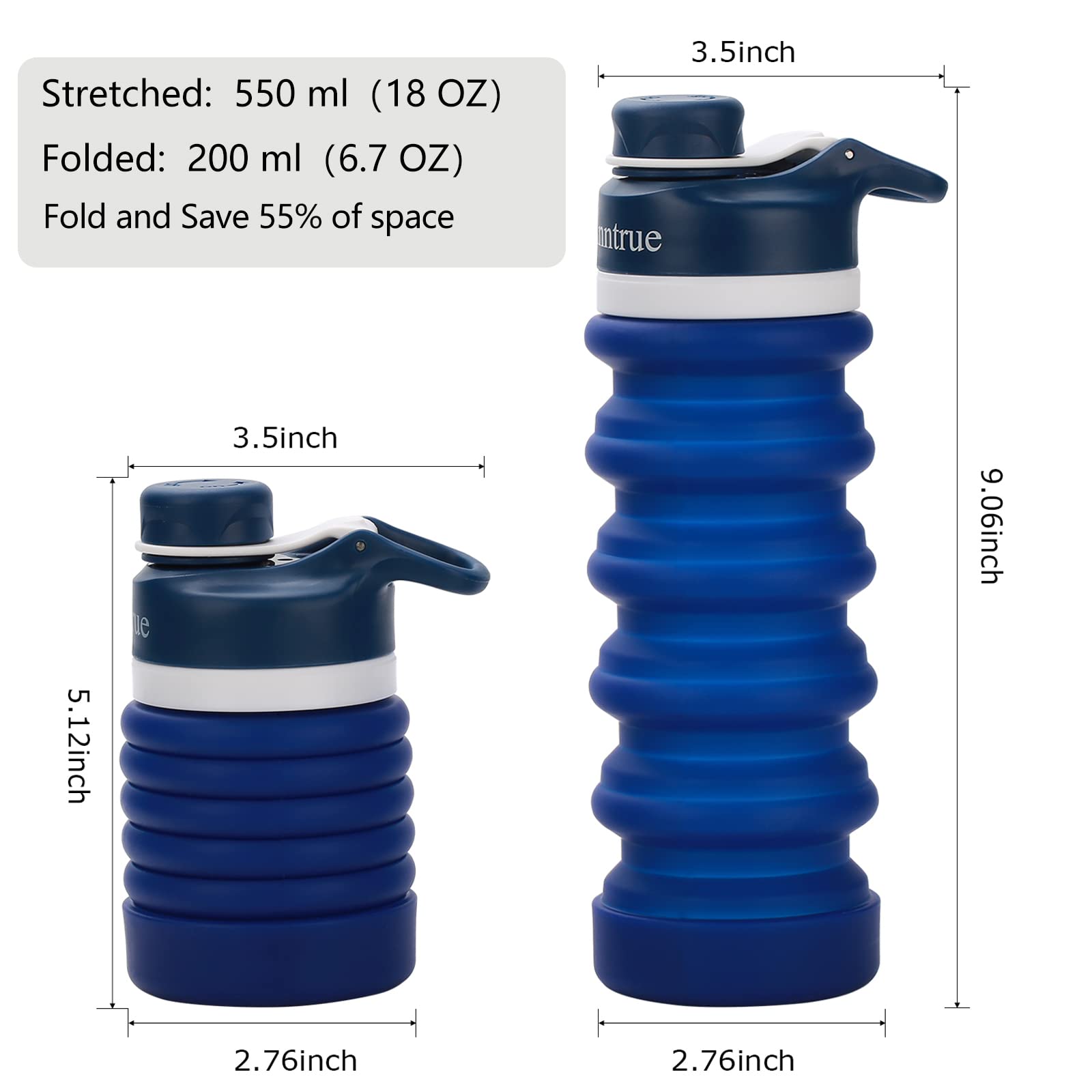 Anntrue Collapsible Water Bottle Food-Grade Silicone Portable Leak Proof Travel Water Bottle  18oz(Navy Blue)