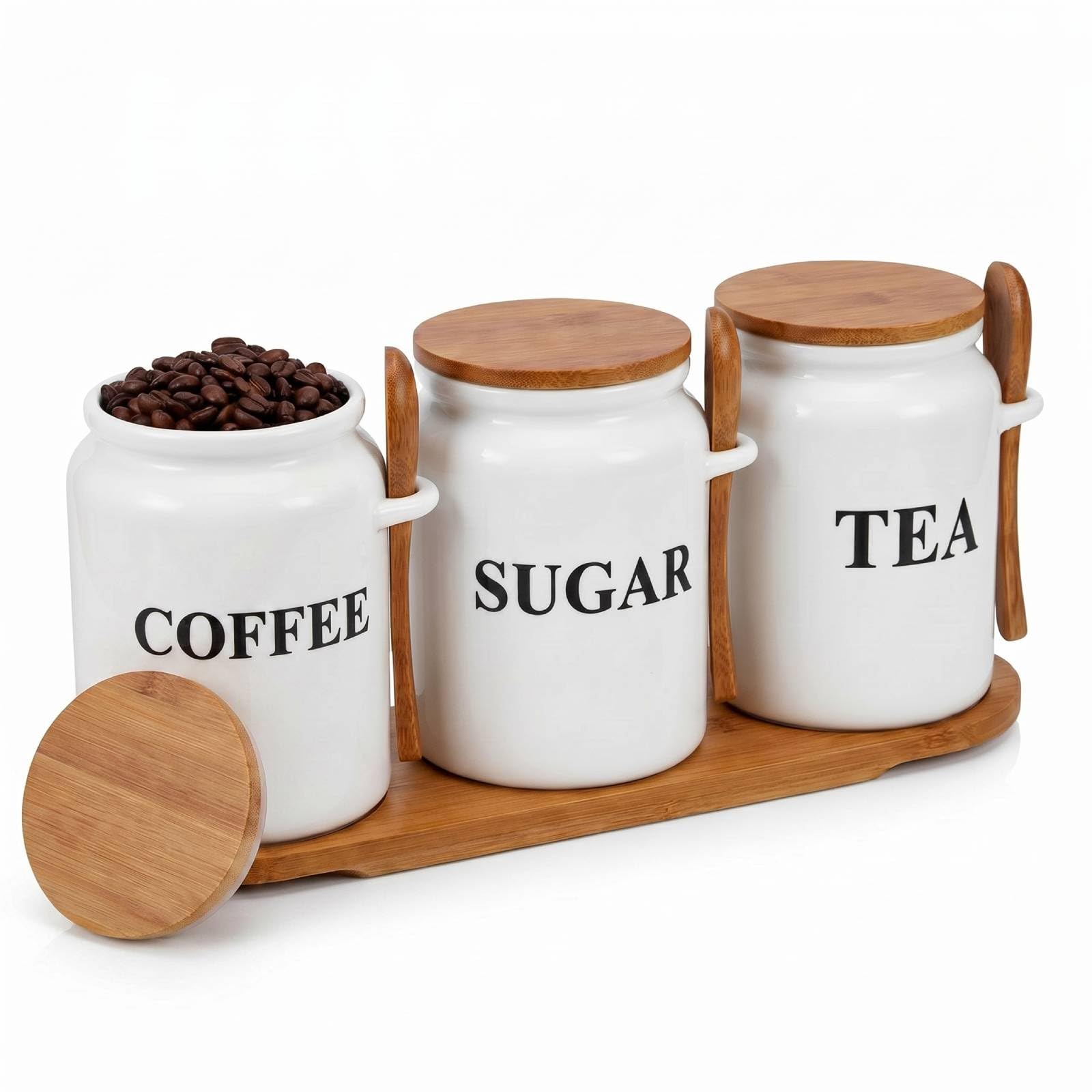 Willinglong Coffee Sugar and Tea Canister Set with Tray and Spoons, White