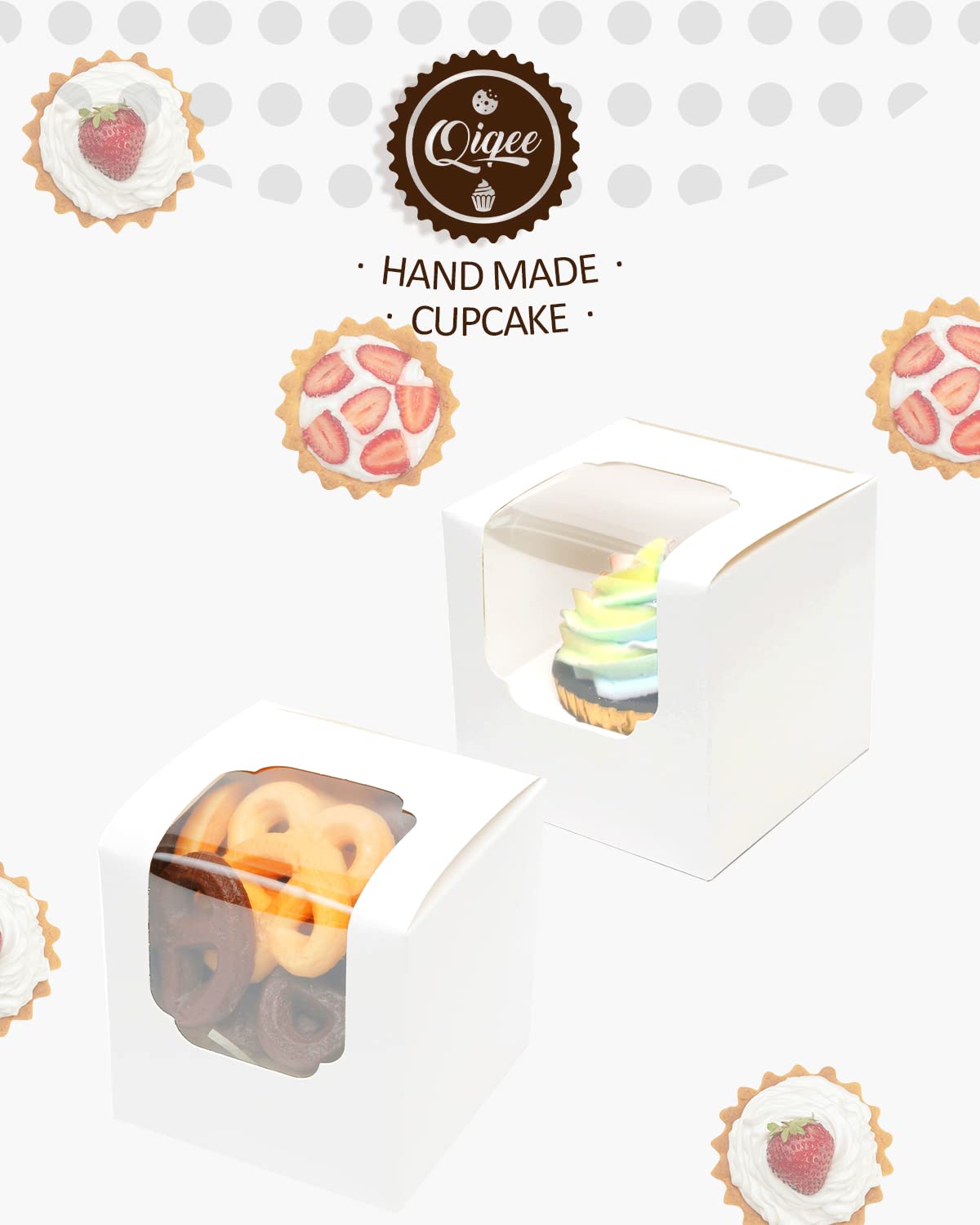 Qiqee 60-Packs Cupcake Boxes Auto-Pop Up Individual Cupcake Container White 3.5 '' X 3.5 '' X 3.5 '' Single Cupcake Boxes