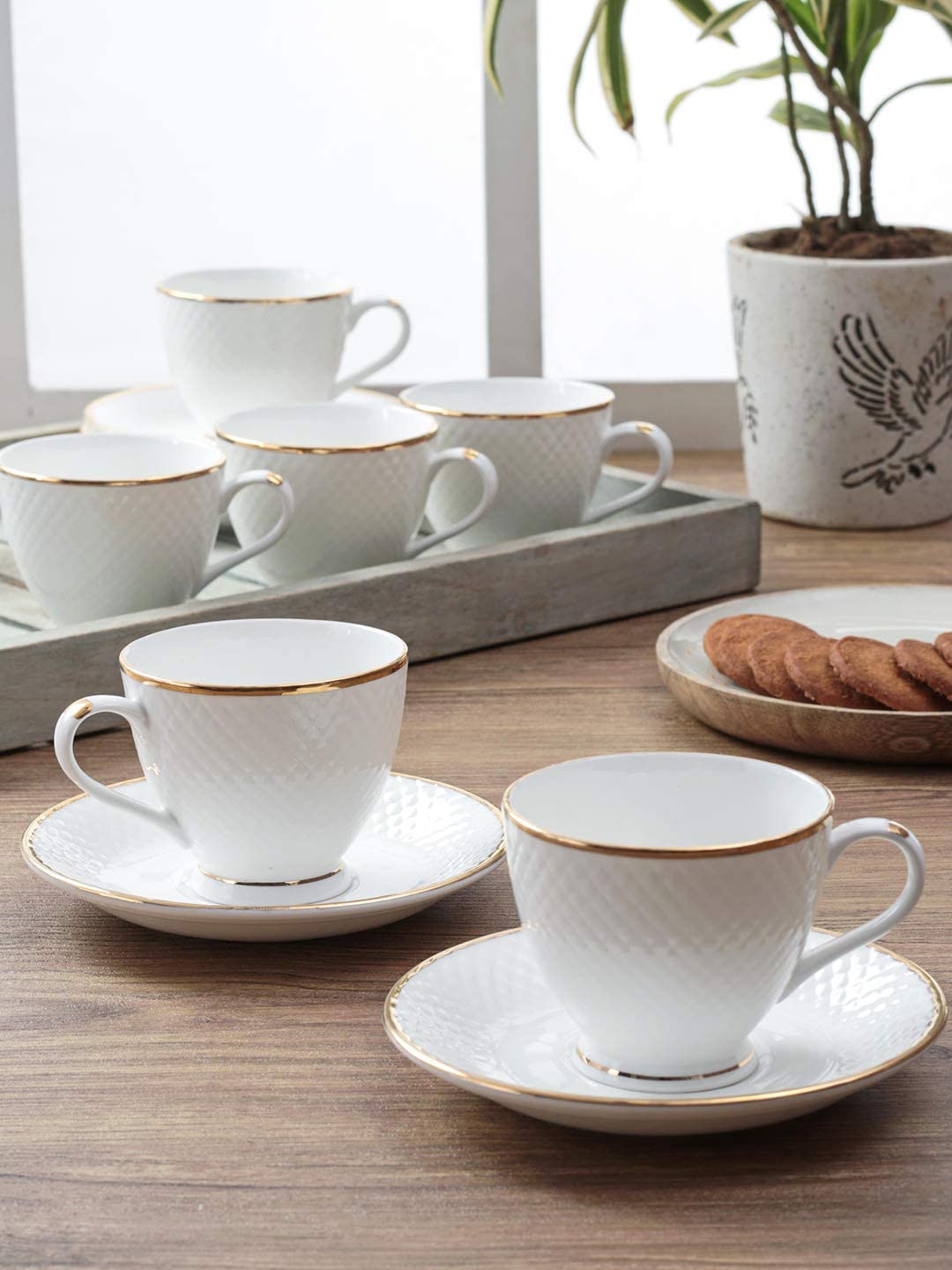 Femora Bone China Gold Line Diamond Cut White Cups & Saucer- 6.42 Oz- Set Of 12 (Diamond)