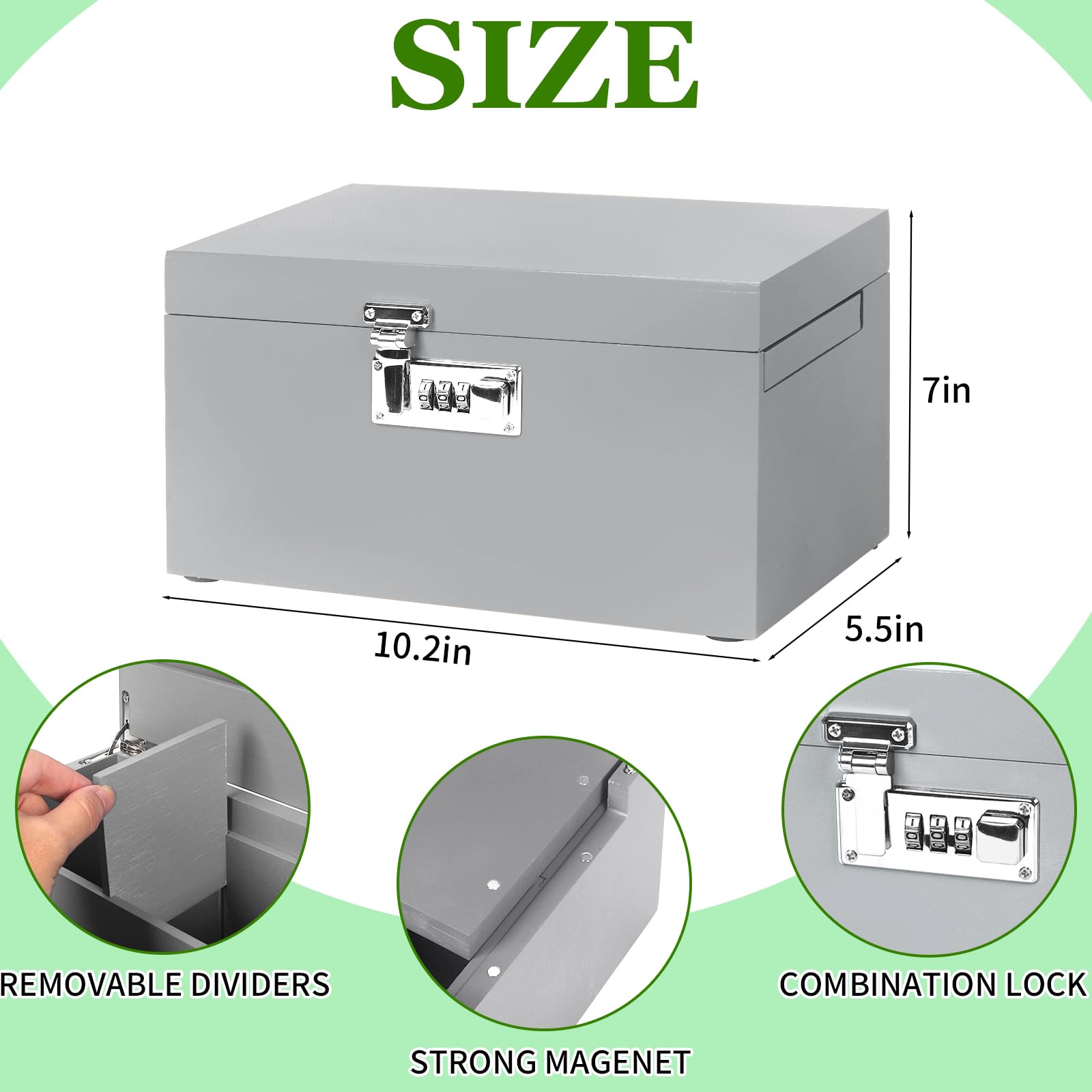 TISEMENT Large Bamboo Box with Combination Lock, Grey Decorative Storage Box with Removable Tray & Detachable Compartment, Woode
