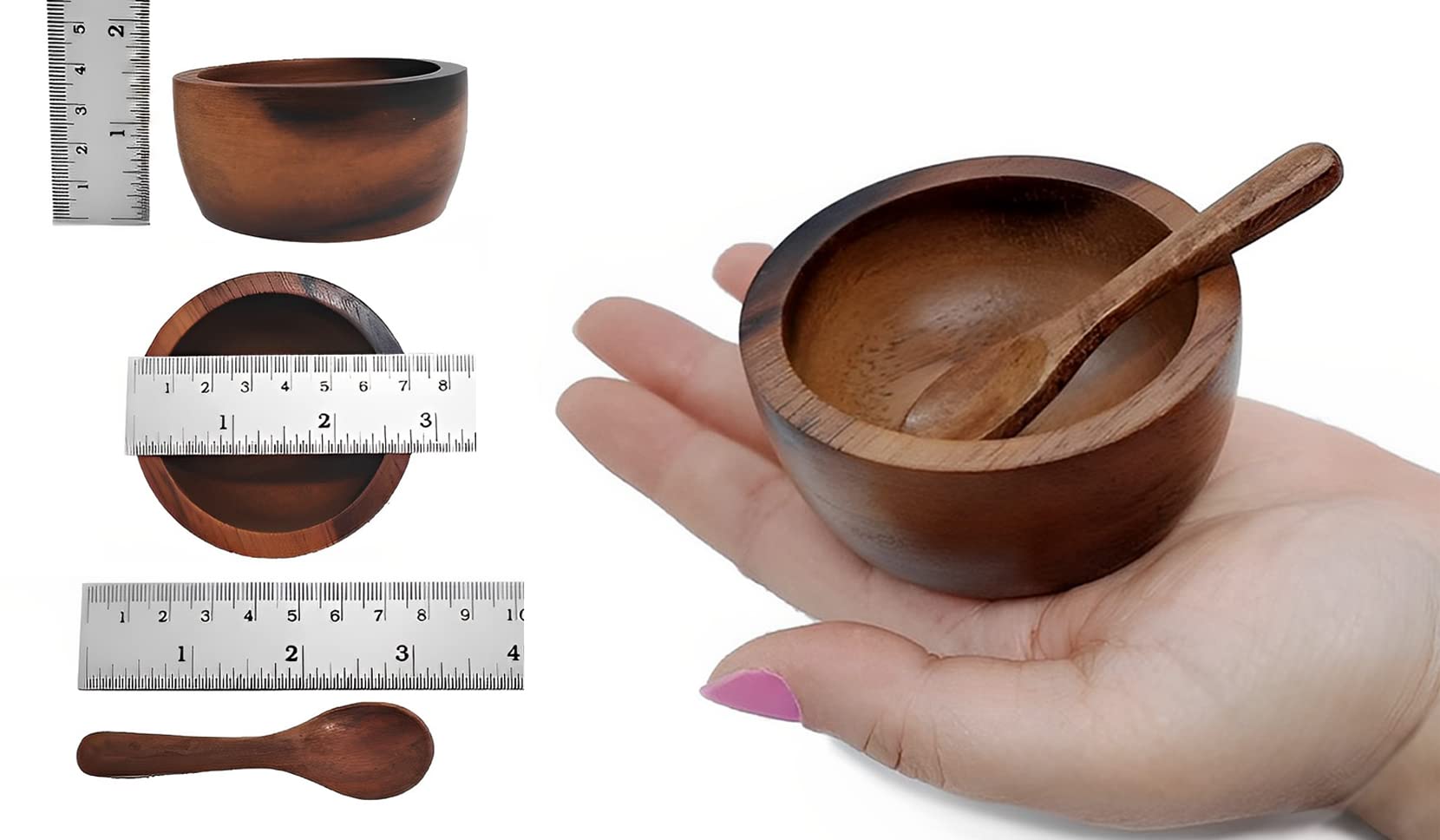 Miniature Doll Size Tiny 2'' Dia Acacia Calabash Wood Bowl For Condiments, Dip Sauce, Nuts, Ketchup, Jam, Herb, Prep, Olive, Sal
