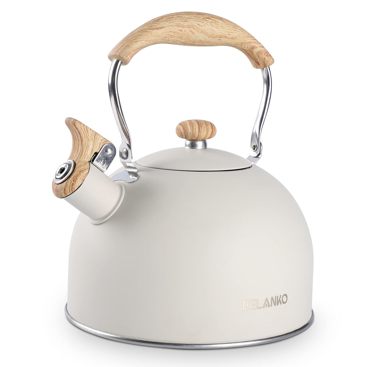 Tea Kettle, Belanko 85 Oz / 2.5 Liter Whistling Tea Kettle Pots For Stove Top Food Grade Stainless Steel With Wood Pattern Foldi
