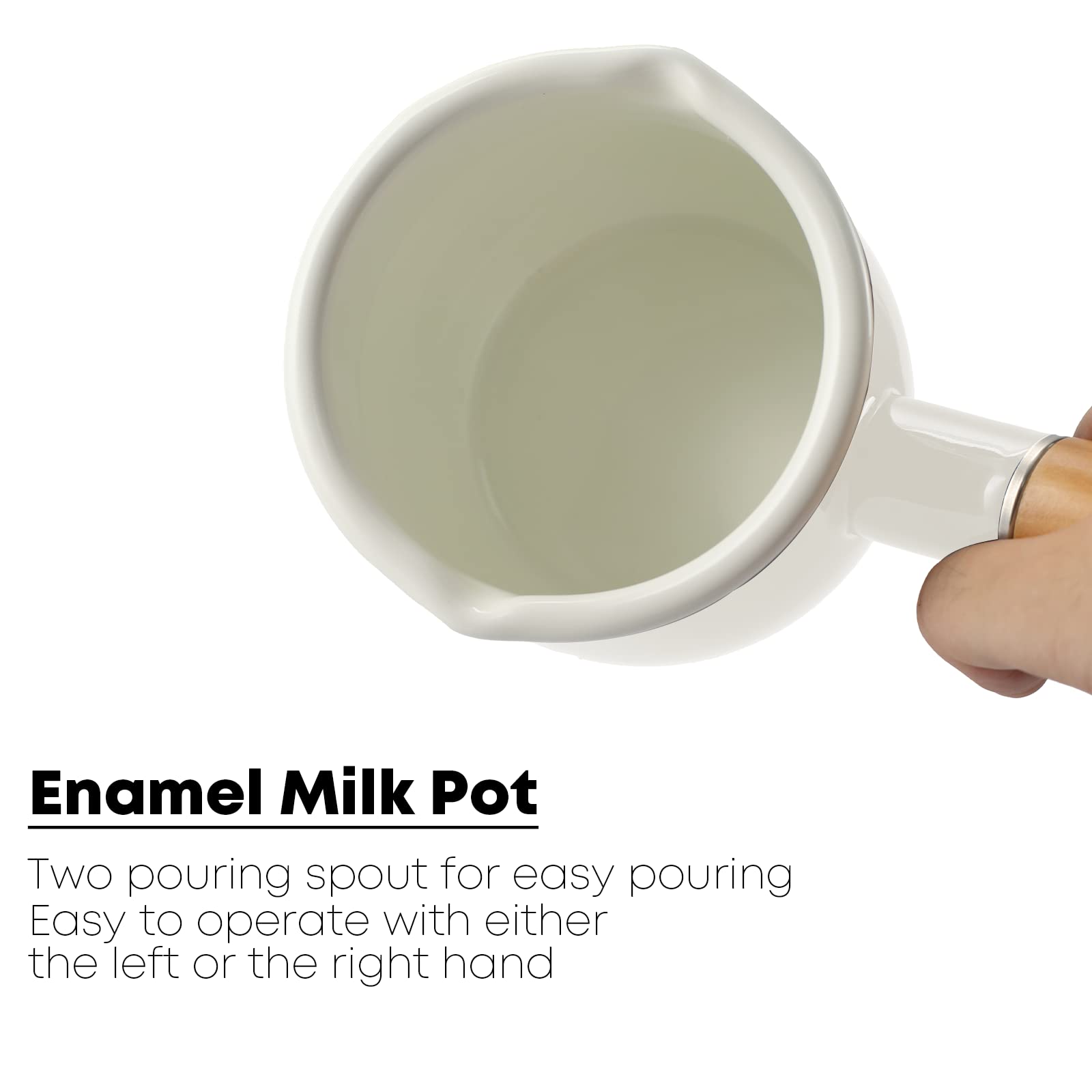 Farcady 0.6Qt Mini Enamel Milk Pot Insulated Wooden Handle 2 Pour Spouts Small Food Warmer Cute Saucepan(D015,White)