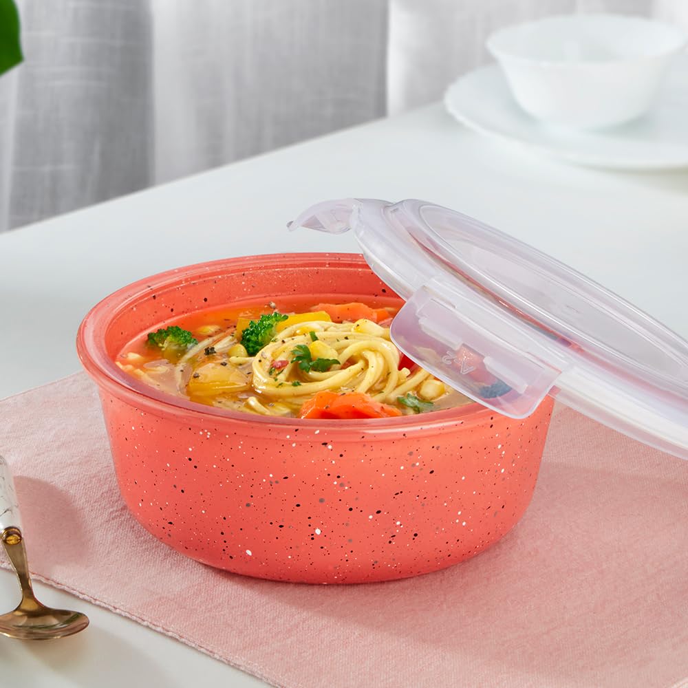 Borosil 950 Ml Kube Pink Food Storage Container With Air Tight Lid | Round Shape Borosilicate Glass Organiser | Microwave & Dish