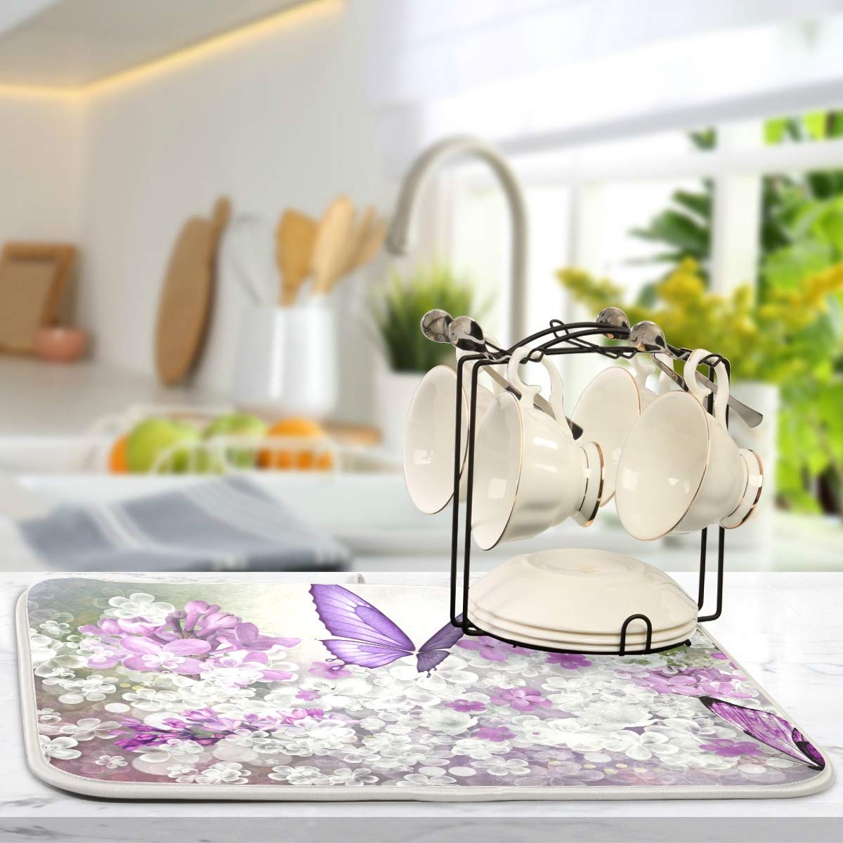 Butterflies Flowers Purple Dish Drying Mat For Kitchen, Absorbent Microfiber Drying Pad Dish Mat, 16'' X 18''