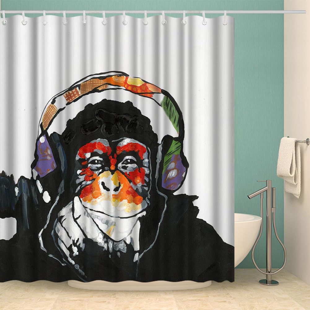 VividHome Monkey Shower Curtains Funny Animal Chimpanzee Portrait with Colorful Headset Waterproof Fabric Bathroom Curtain with Hooks 7272 Inch