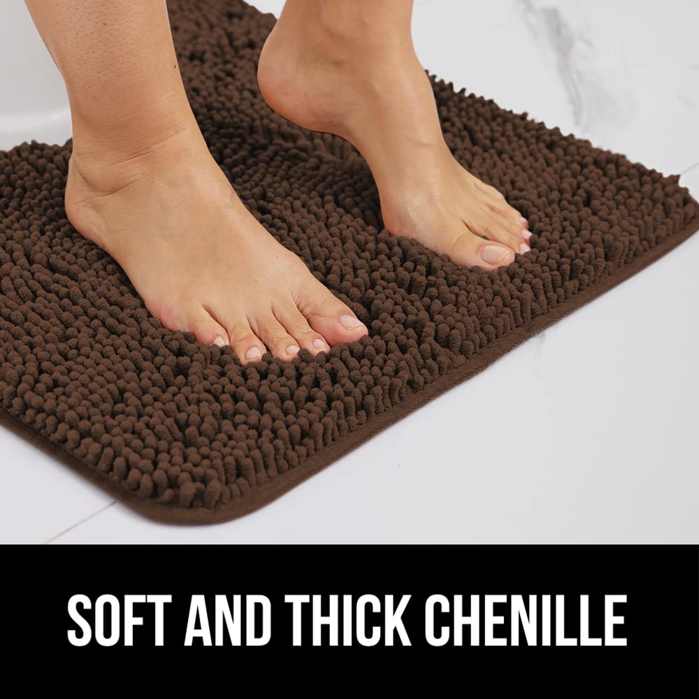Gorilla Grip Bath Rug  Thick Soft Absorbent Chenille Rubber Backing Bathroom Rugs  Microfiber Dries Quickly  Shaggy Machine Washable Mats  Plush Durable Rug  Bathtub and Shower Floor  24x17  Brown