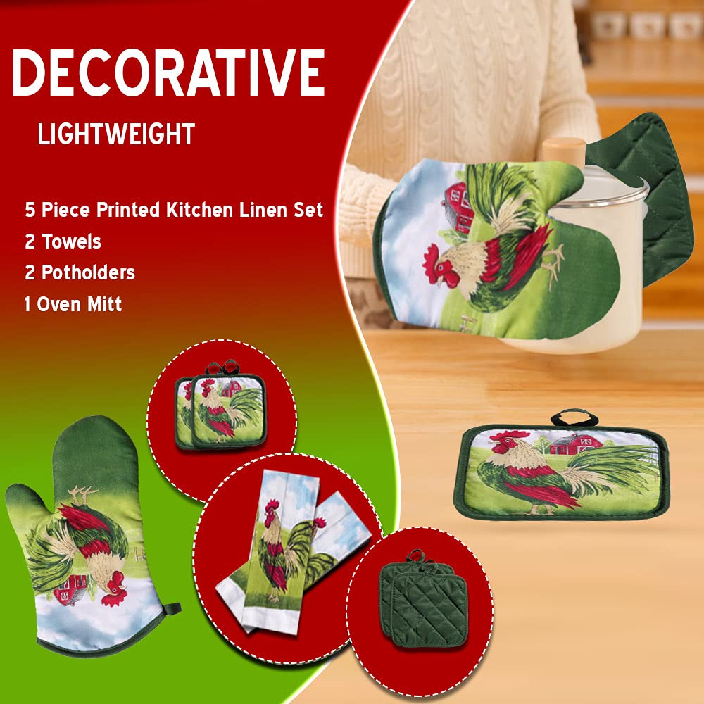 Lobyn Value Packs 5-Piece Country Kitchen Towel Set, Cotton, New Rooster, Includes Dish Towels, Oven Mitt & Potholders
