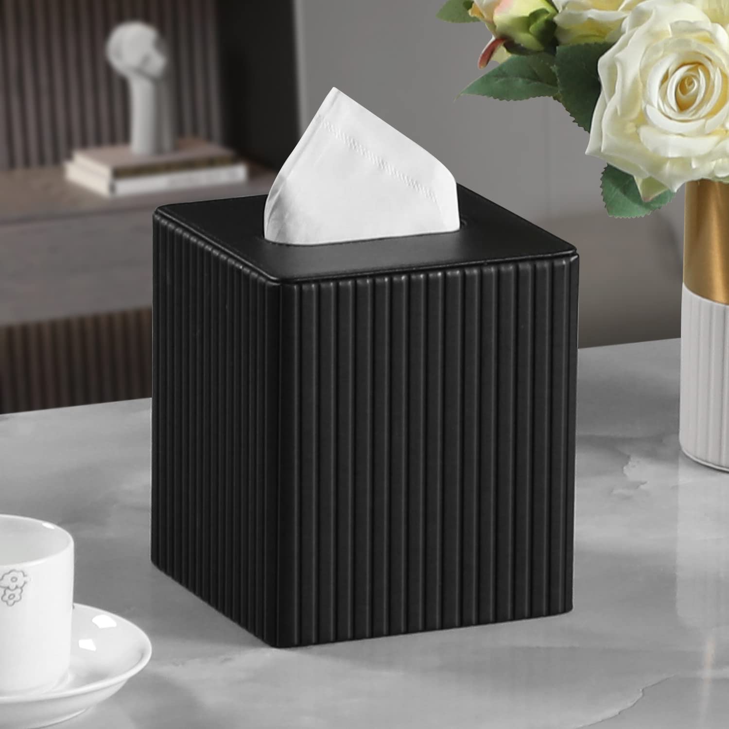 Meibooch Pu Leather Tissue Box Cover Square Tissue Box Holder With Magnetic Closure (Black Stripe)