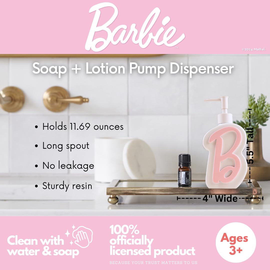 Collectibles Barbie Light Pink B Monogram Soap/Lotion/Hand Sanitizer Resin Pump Dispenser, 11.69 Ounces, (Officially Licensed Pr