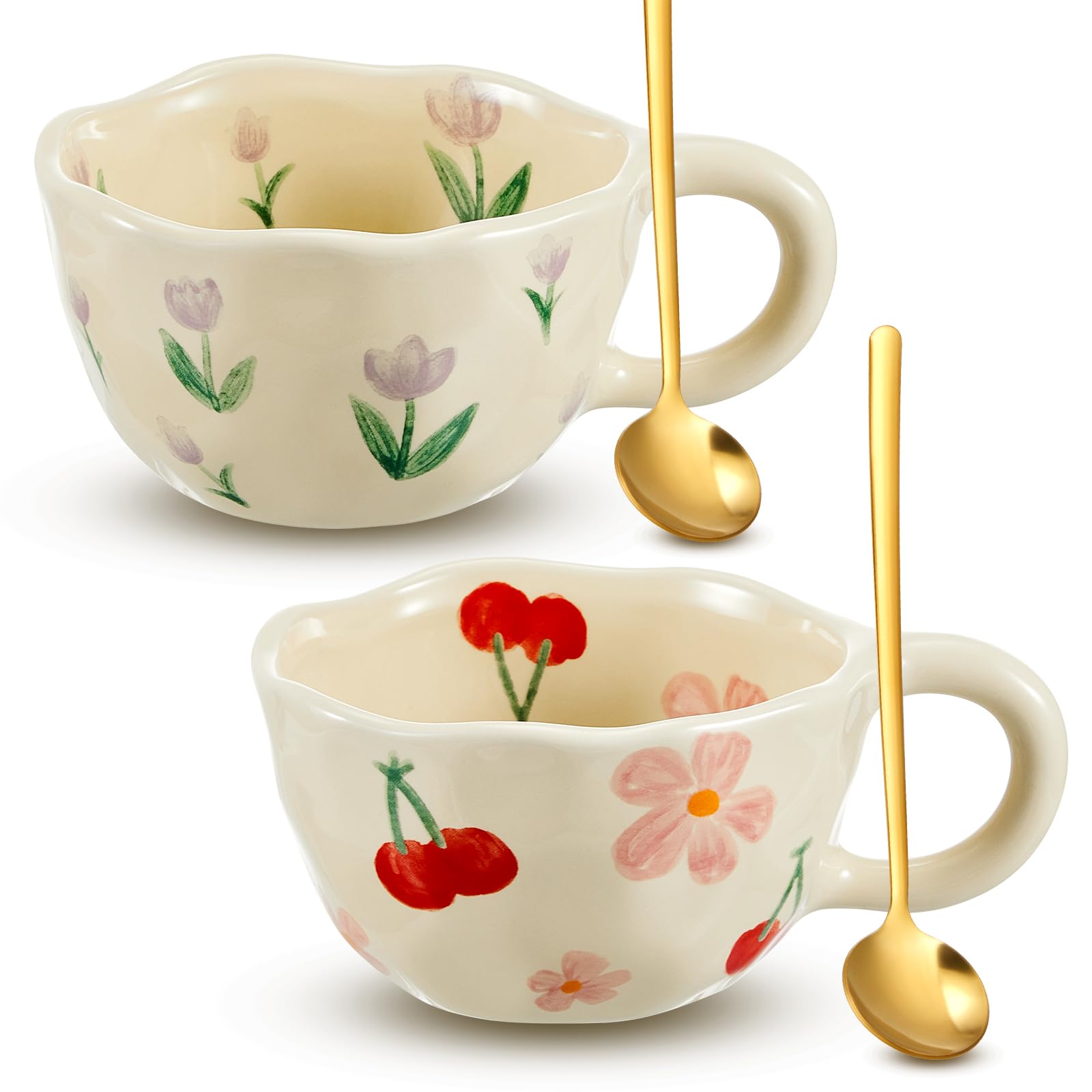 Vesici 2 Pcs Ceramic Coffee Mug Creative Flower Cup Floral Mug with Handles 8.5 oz Cute Aesthetic Tea Porcelain Mug for Office H