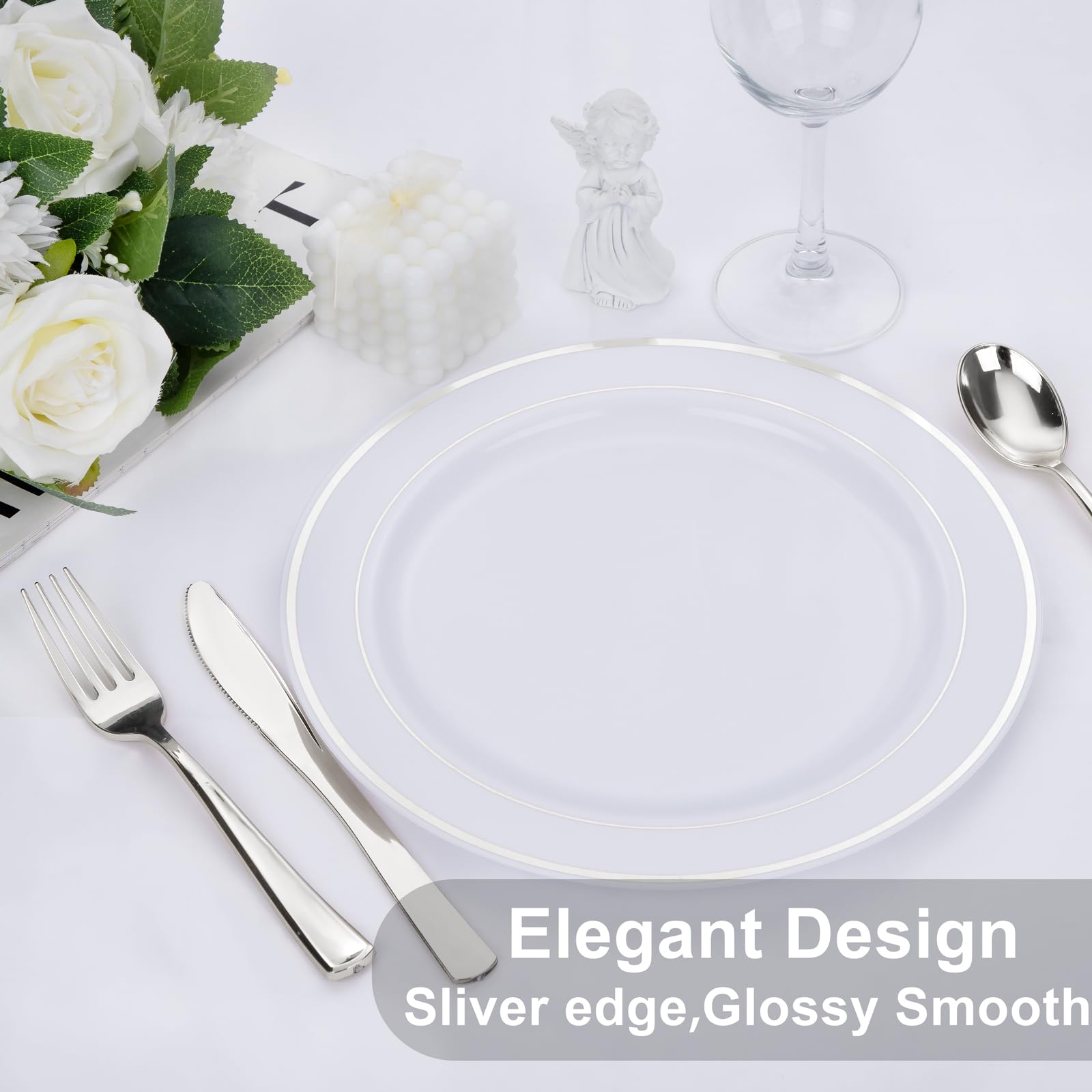 Wellife Silver Plastic Dinner Plates 72 Pieces, 10.25'' Silver Disposable Plates, Premium Hard Plastic Lunch Plates, Ideal For W