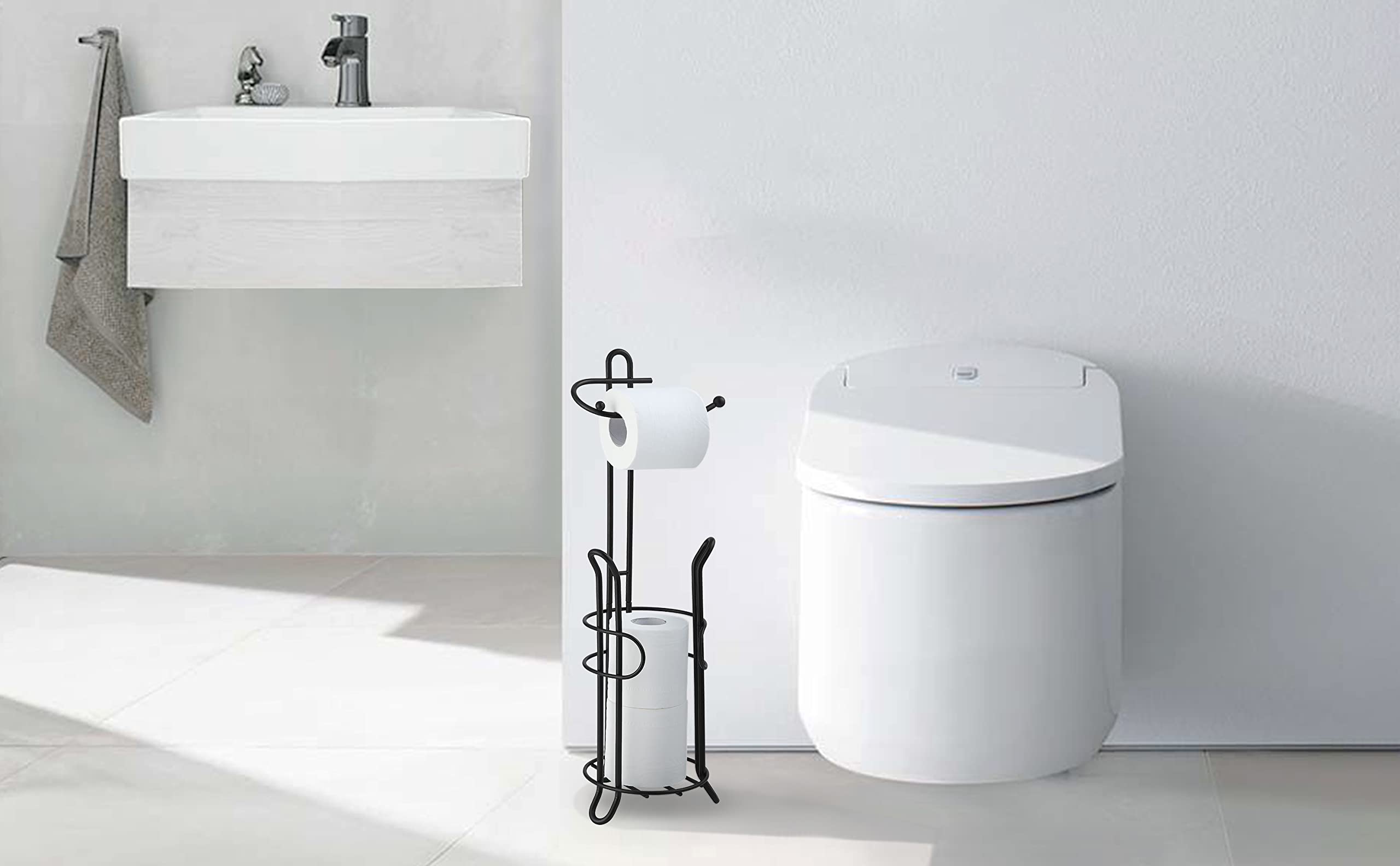 SunnyPoint Bathroom Toilet Tissue Paper Roll Storage Holder Stand with Reserve  The Reserve Area Has Enough Space to Store Mega Rolls (Black)